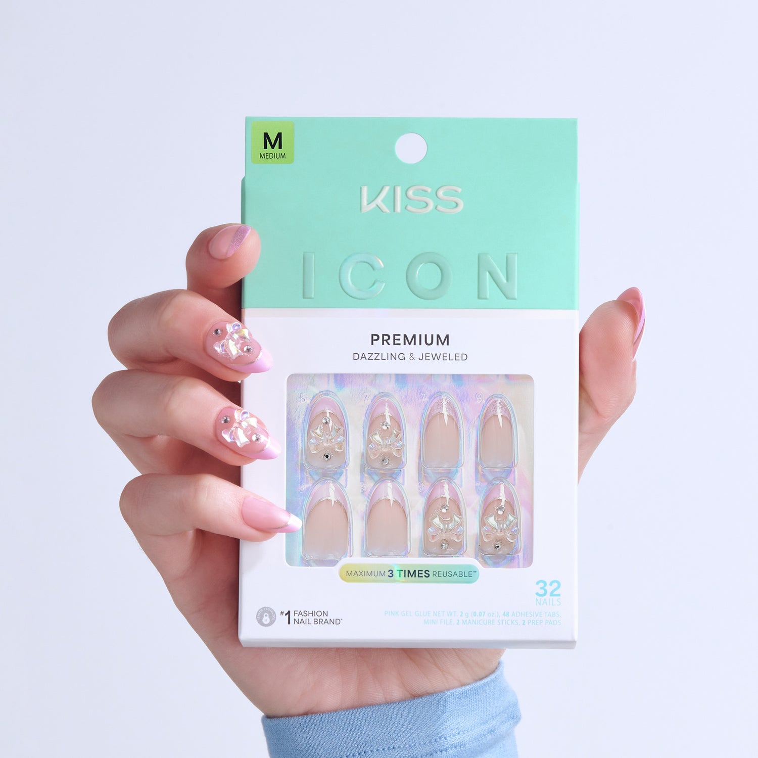 Kiss Icon Premium press-on nails, Medium size, dazzling jeweled design, 32 nails.