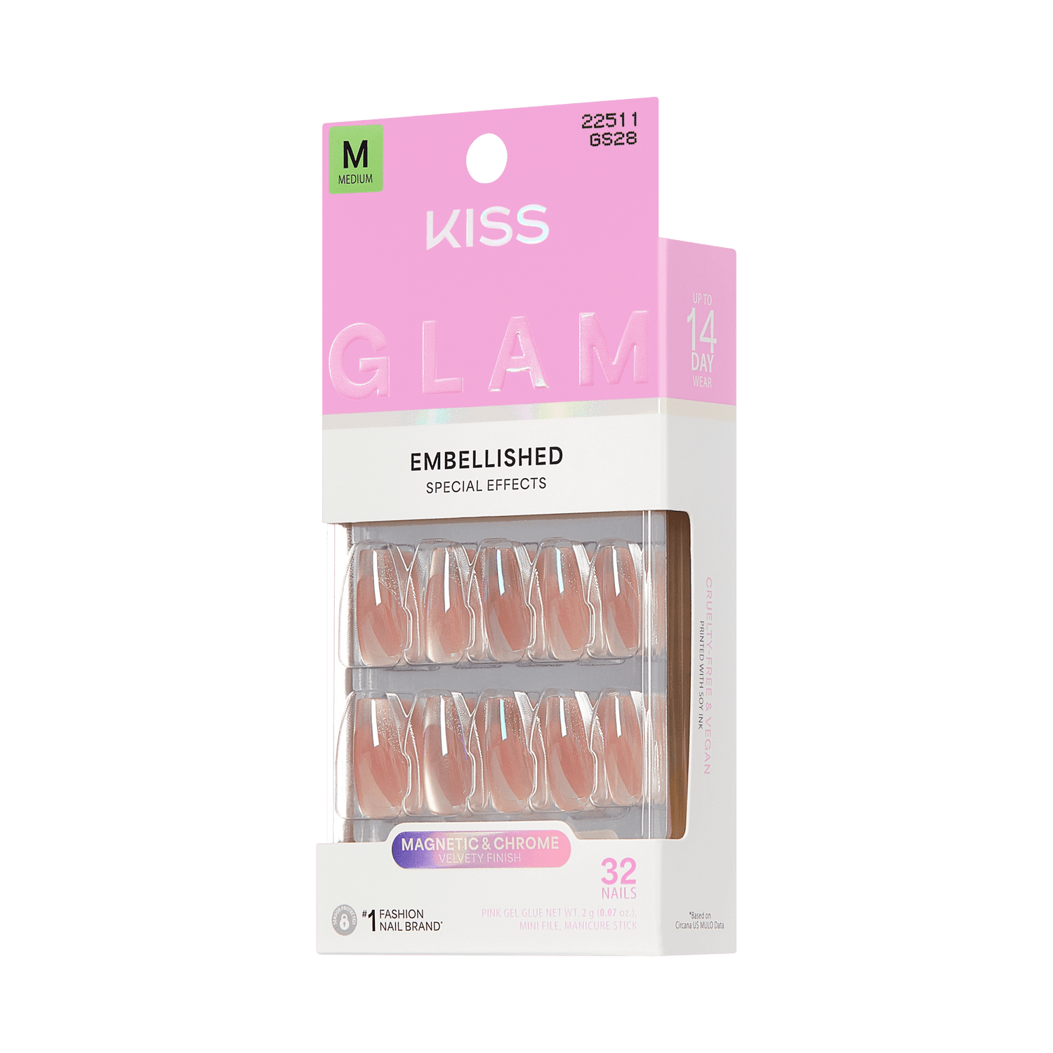 KISS Glam Embellished false nails, 32 count, medium size, magnetic chrome finish.