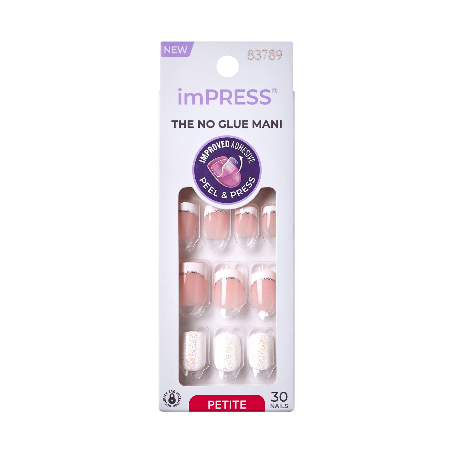 imPRESS press-on nail set in petite size, featuring nude pink nails with silver glitter tips and white nails with multicolor sparkles, labeled \
