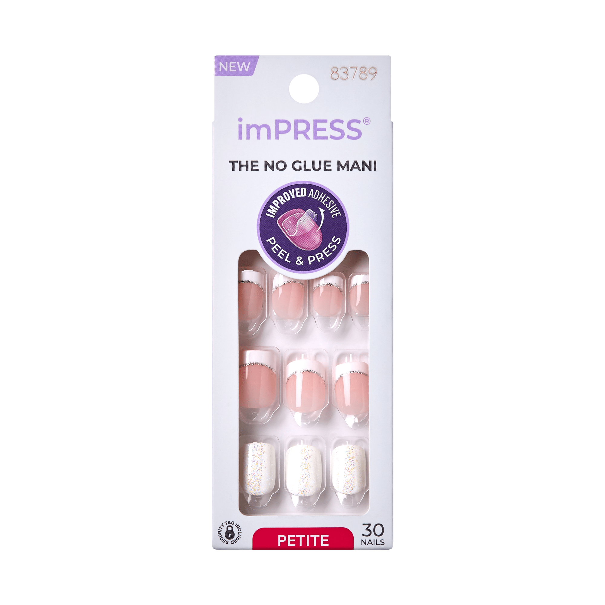 imPRESS press-on nail set in petite size, featuring nude pink nails with silver glitter tips and white nails with multicolor sparkles, labeled \