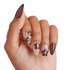 The image features a hand displaying a stylish manicure with a mix of nail designs. The nails are shaped into a pointed almond style. The color palette includes rich brown shades and soft nude tones. Some nails are adorned with elegant floral designs in darker hues, while others are a solid brown. The overall look is chic and modern, showcasing a blend of simplicity and artistic flair.