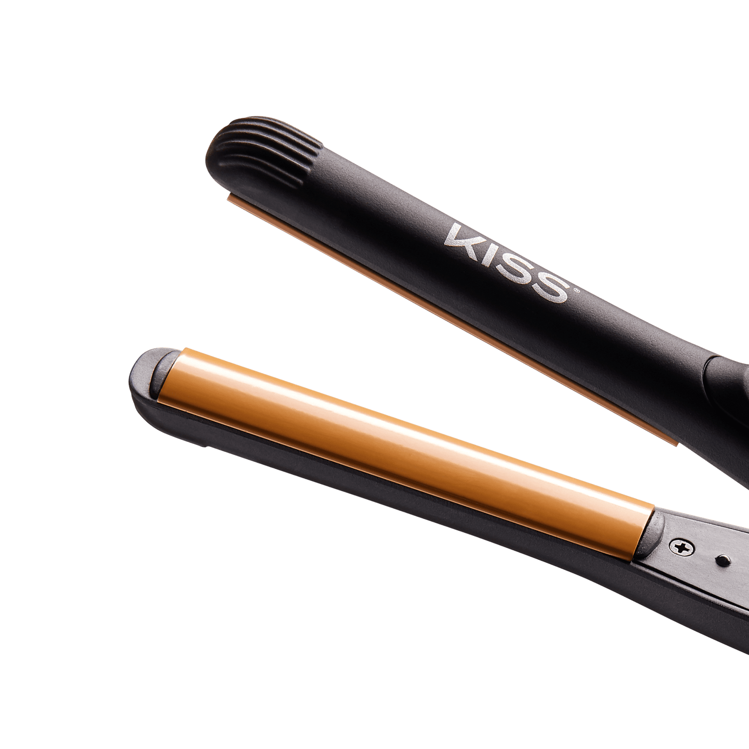 Black and gold KISS flat iron with 1/2-inch tourmaline ceramic plates, shown partially open on a transparent background.