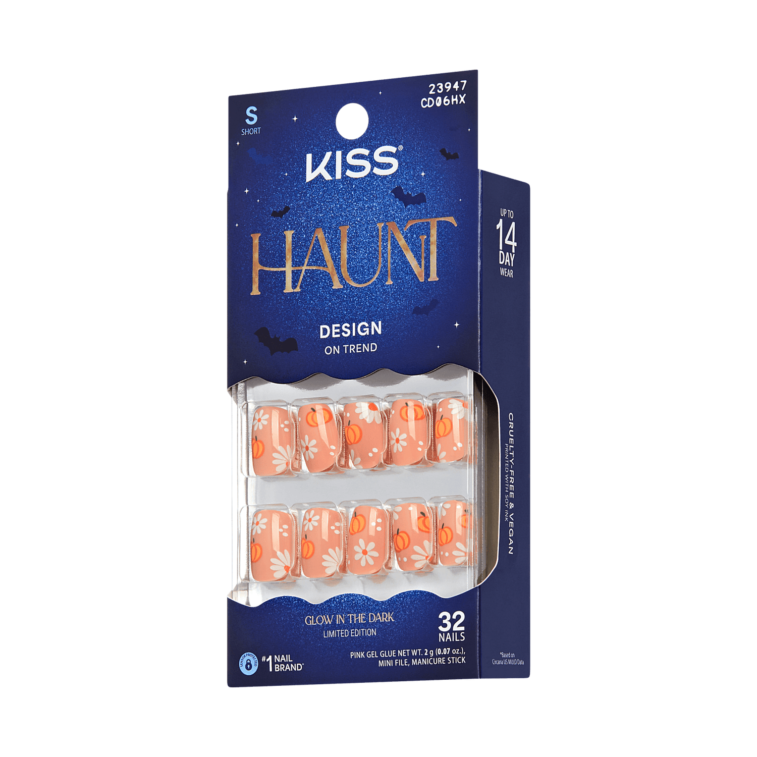 Kiss Haunt Halloween Press On Fake Glue Nails - Nailed By Night | Design, Orange, Short, Squoval, Glow In The Dark