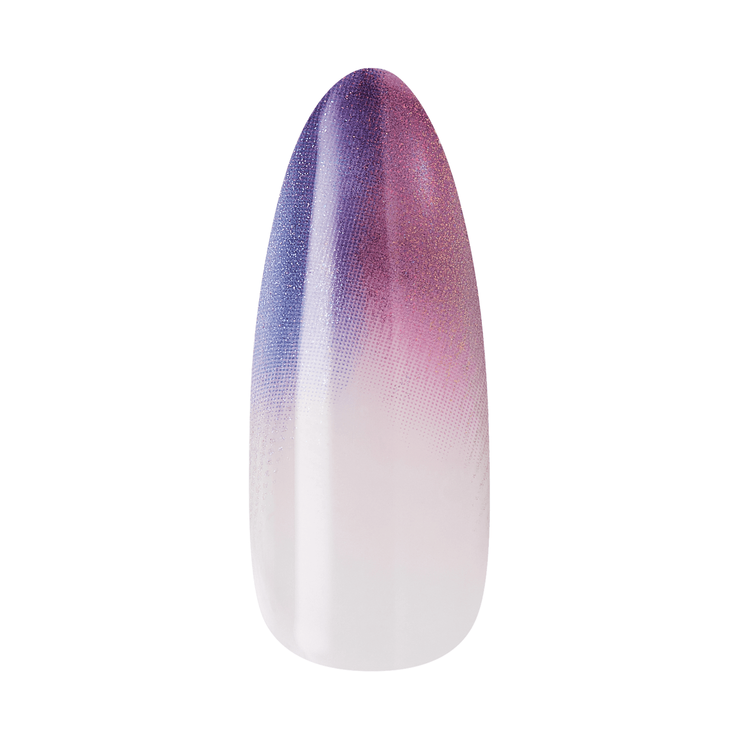 Ombre nail polish swatch transitioning from white base to purple and pink glitter top.