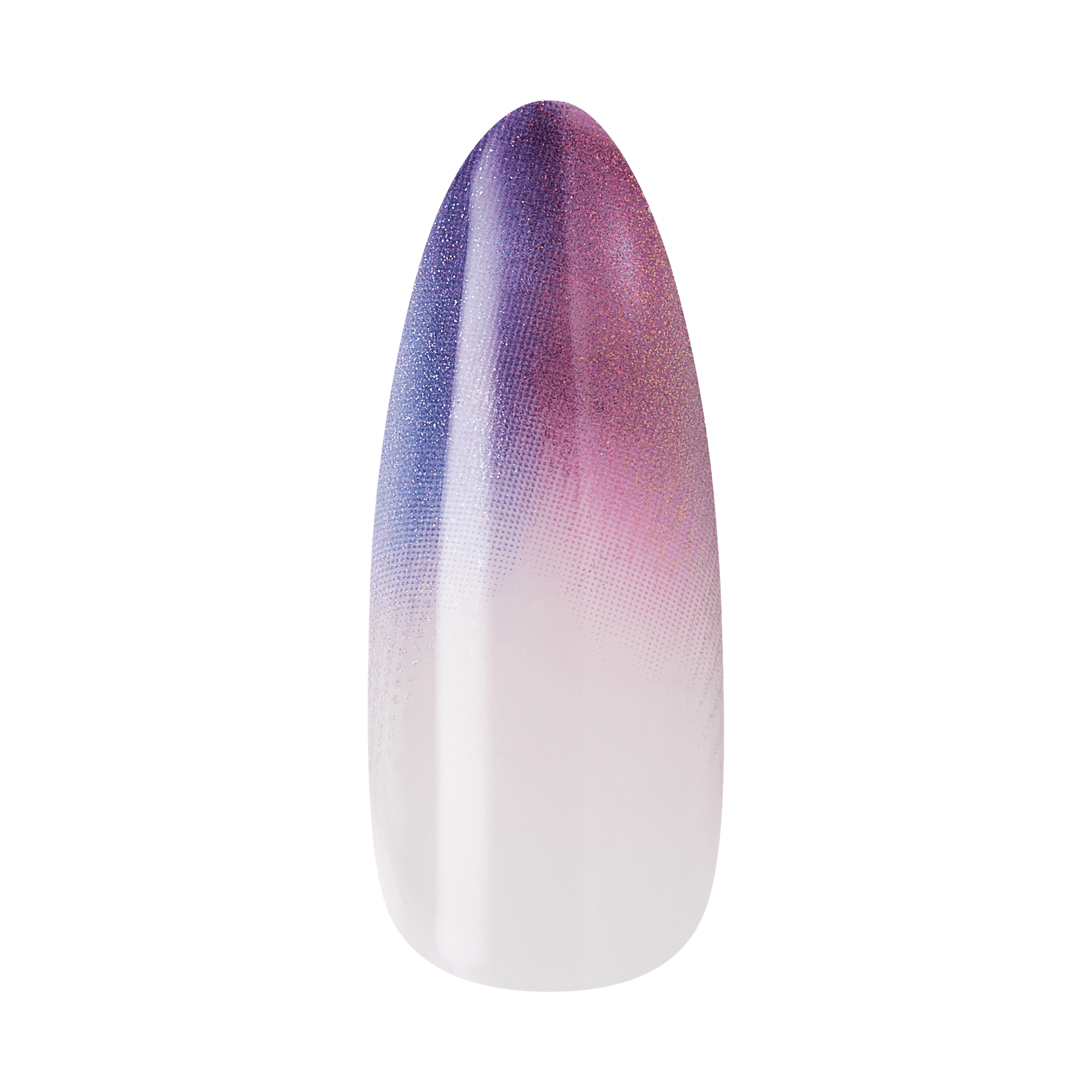 Ombre nail polish swatch transitioning from white base to purple and pink glitter top.