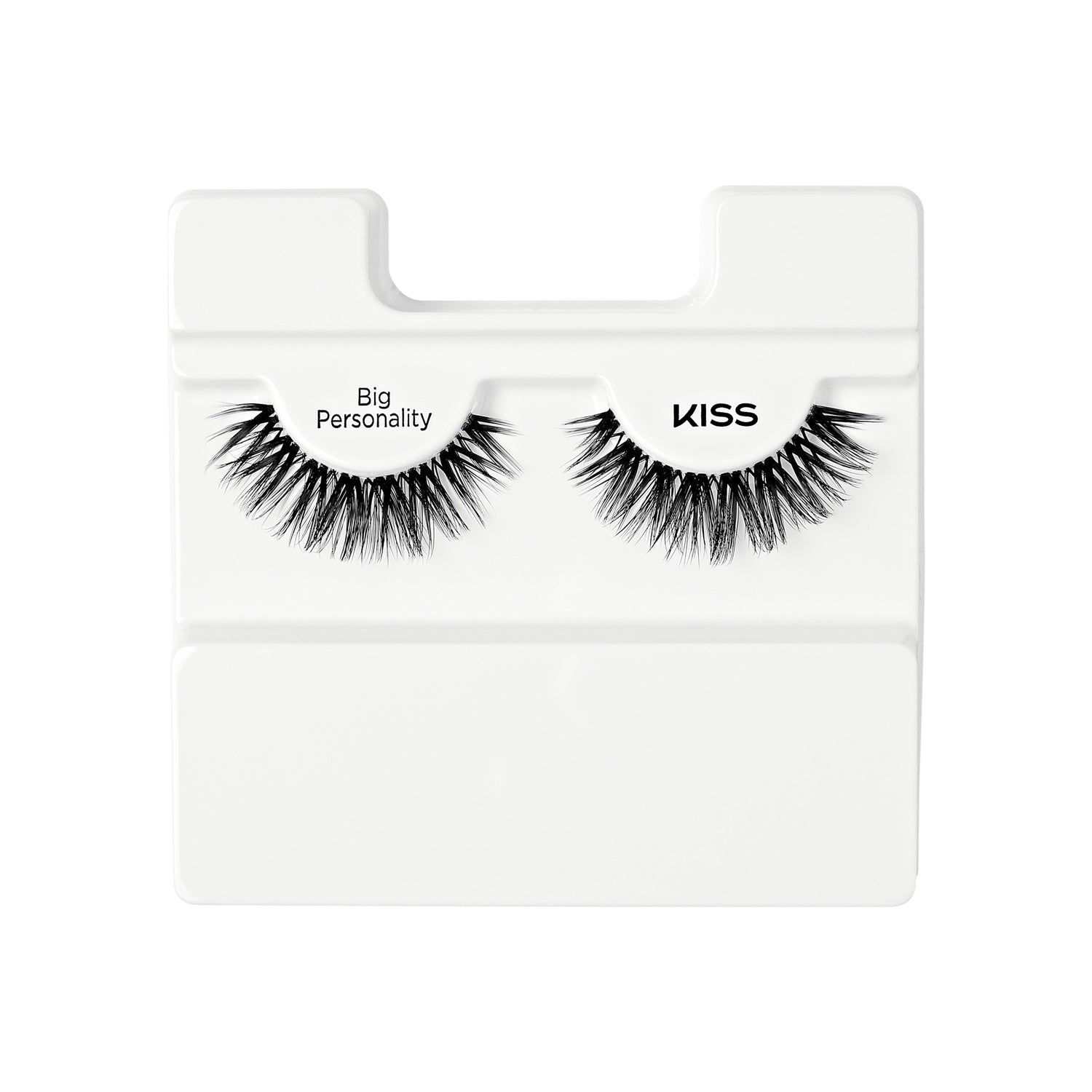 Black 3D volume false eyelashes with bold, thick lashes on a white plastic tray, labeled \