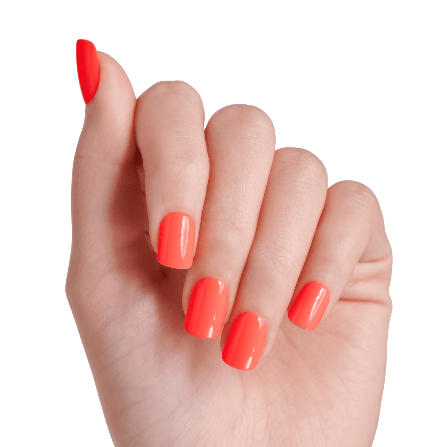 Bright red nail polish on short, manicured nails against white background.