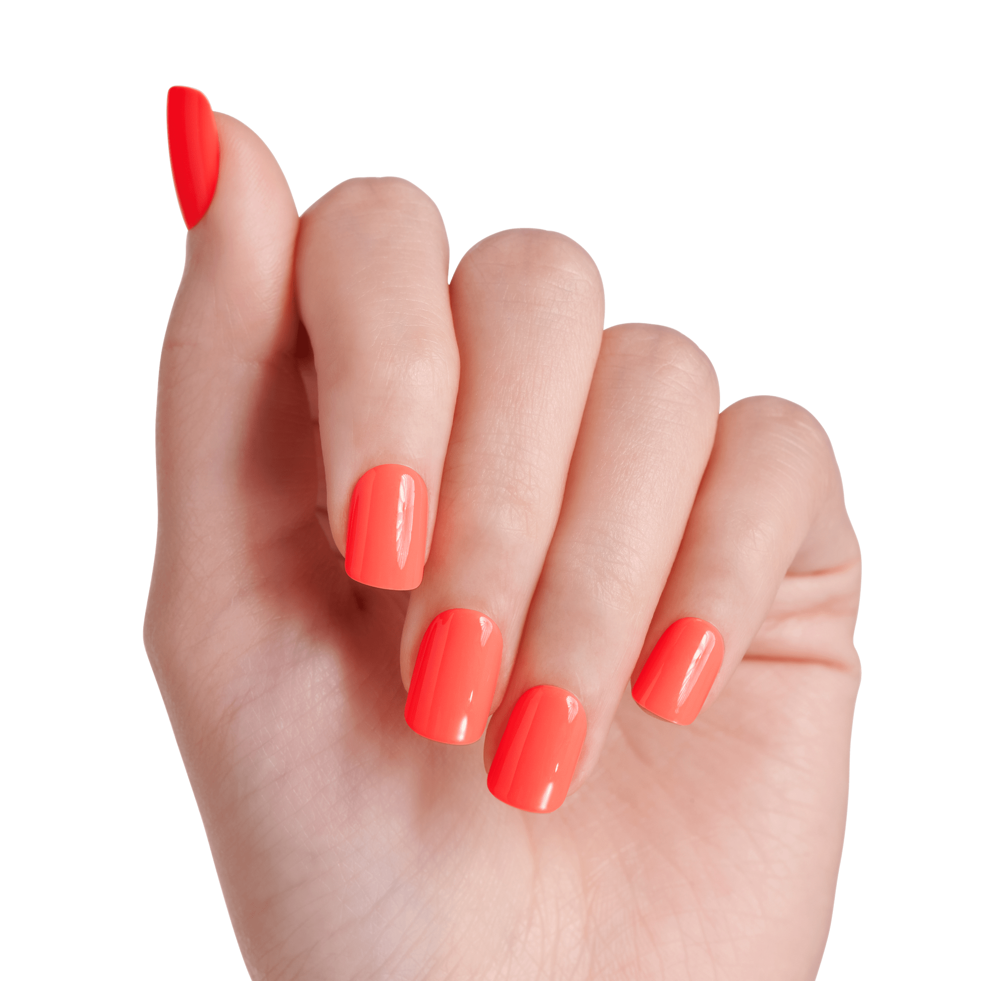 Bright red nail polish on short, manicured nails against white background.