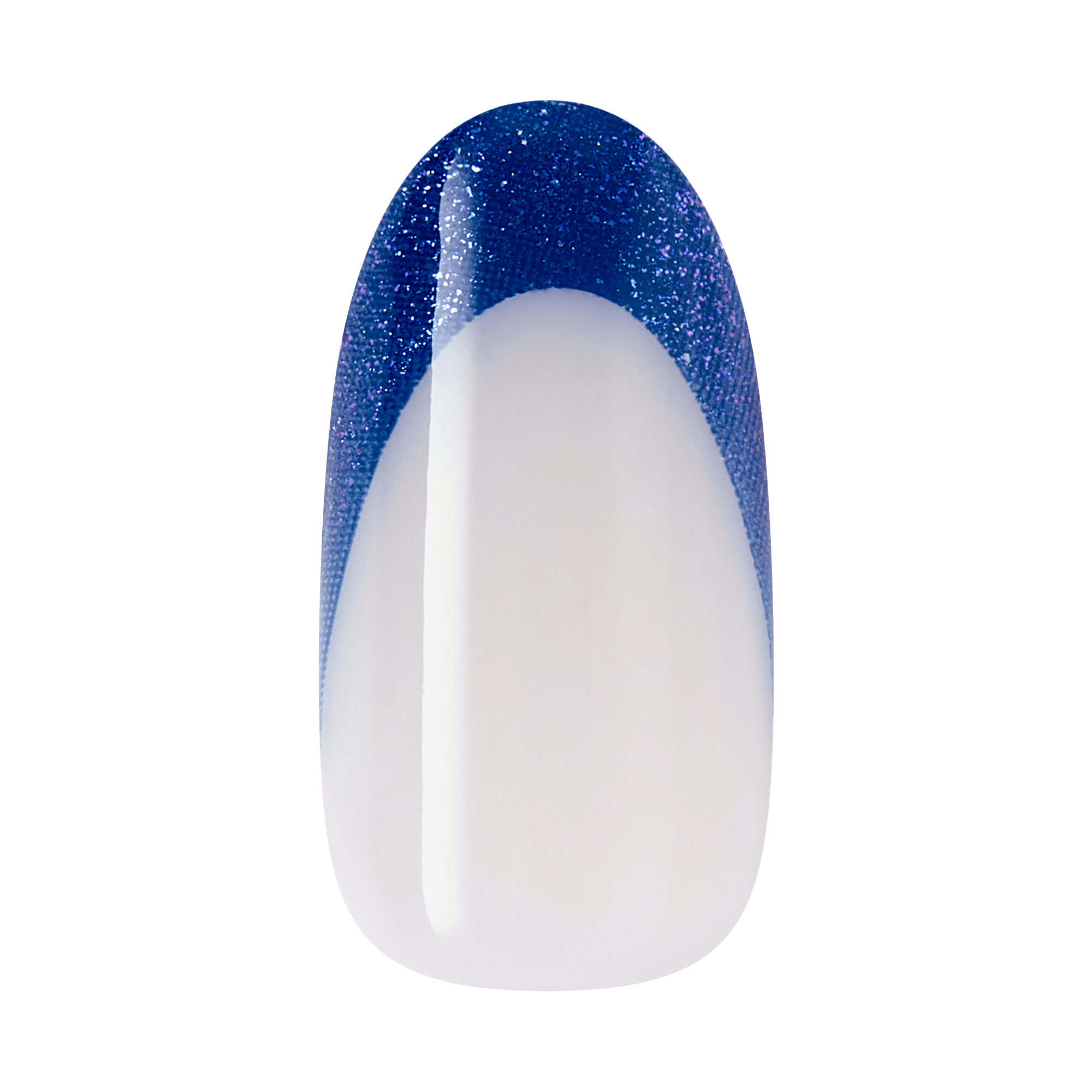 The image features a nail design showcasing a glossy white base with a striking blue gradient tip. The blue color transitions smoothly from a deep shade at the tip to a lighter hue, creating a visually appealing ombre effect. The tip is also adorned with a subtle shimmer, adding a touch of sparkle to the overall look. The design is elegant and modern, perfect for a stylish manicure.