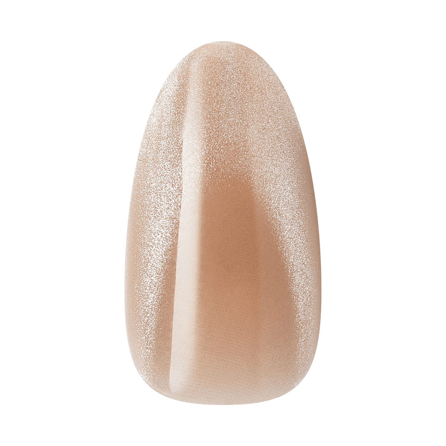 Nude shimmer gel nail polish with glossy finish on almond-shaped nail