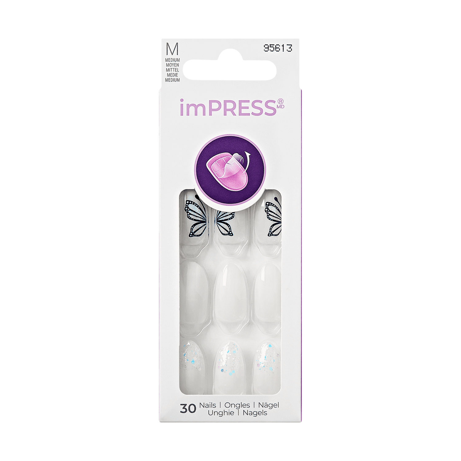 The image features a packaging for imPRESS press-on nails. The box contains 30 nails and showcases a design that includes a white base with butterfly motifs. The packaging is sleek and modern, with a circular purple logo at the top. The nails are displayed prominently, highlighting their decorative elements and overall style. The product is marketed for easy application and a stylish look.