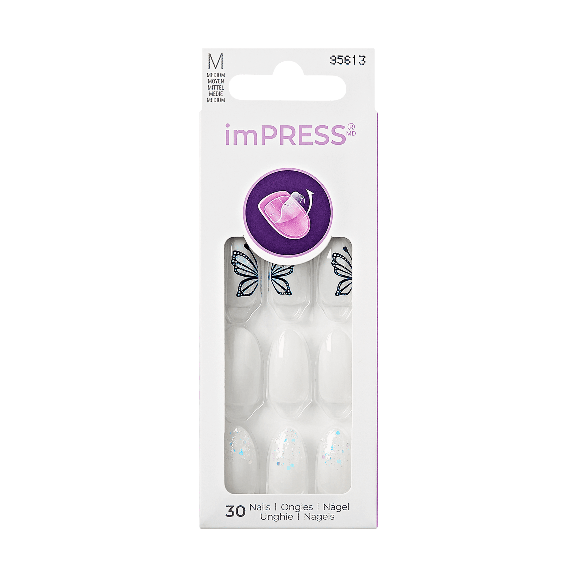 The image features a packaging for imPRESS press-on nails. The box contains 30 nails and showcases a design that includes a white base with butterfly motifs. The packaging is sleek and modern, with a circular purple logo at the top. The nails are displayed prominently, highlighting their decorative elements and overall style. The product is marketed for easy application and a stylish look.