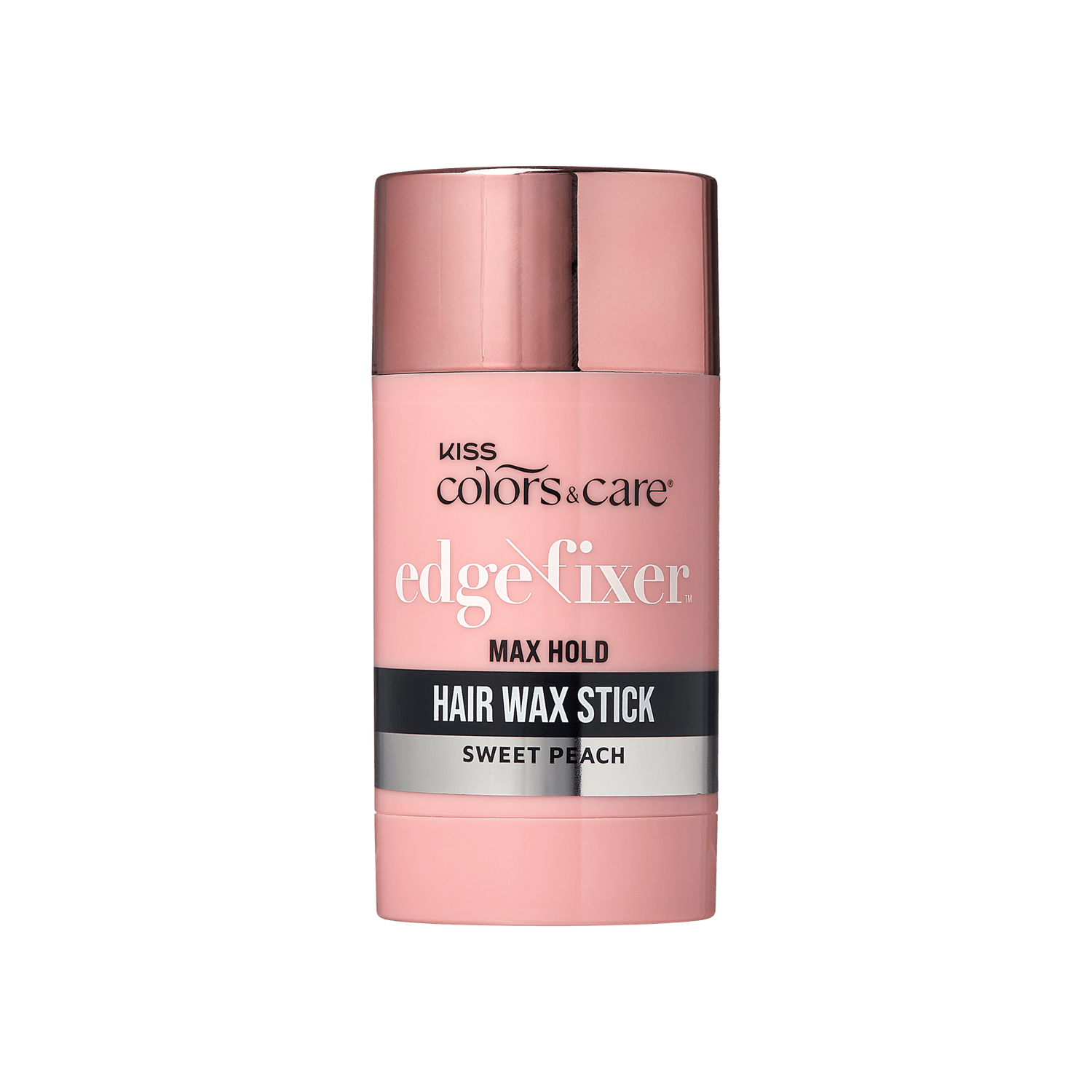 Pink cylindrical container with a metallic rose gold cap labeled "Kiss Colors &amp; Care Edge Fixer Max Hold Hair Wax Stick Sweet Peach."