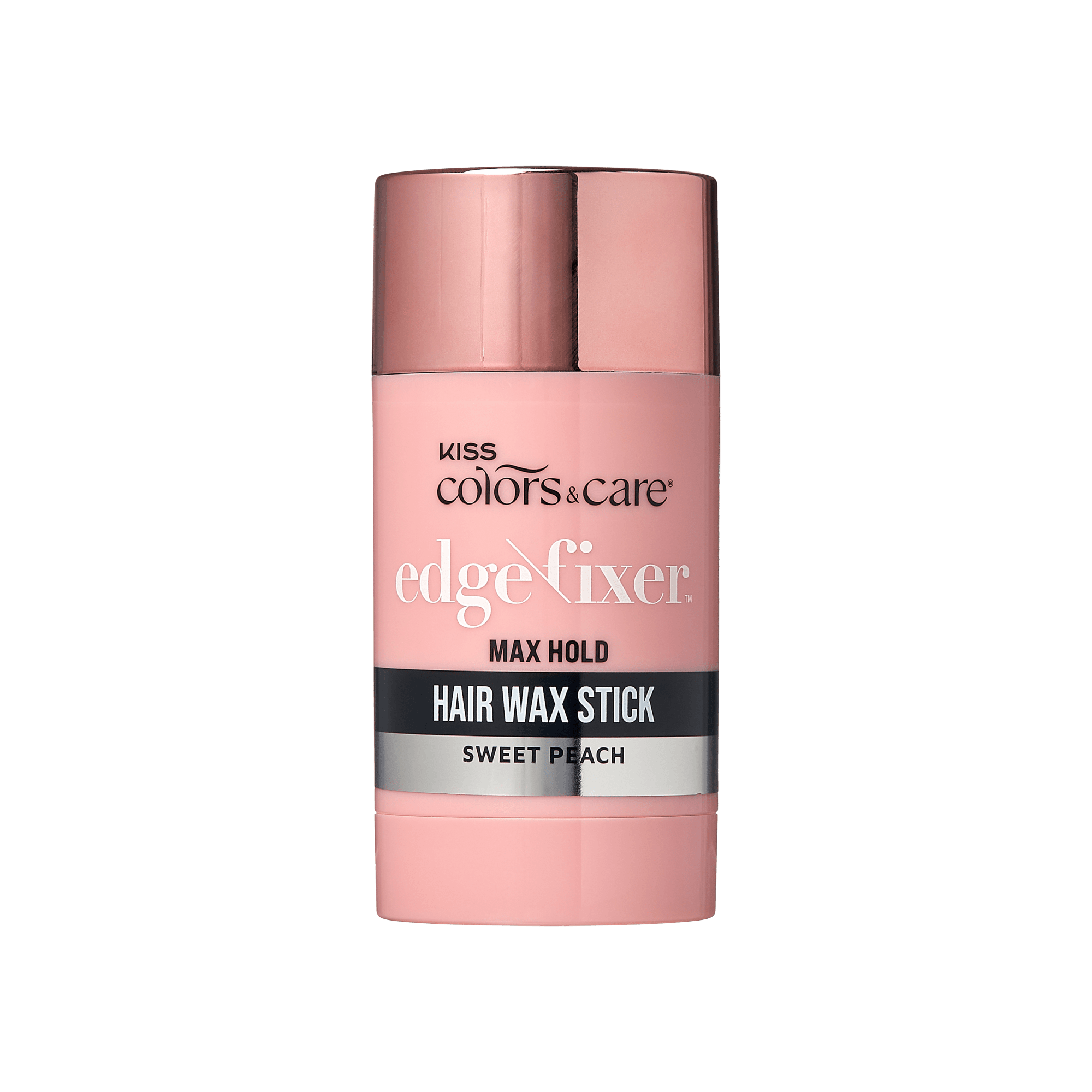 Pink cylindrical container with a metallic rose gold cap labeled "Kiss Colors &amp; Care Edge Fixer Max Hold Hair Wax Stick Sweet Peach."