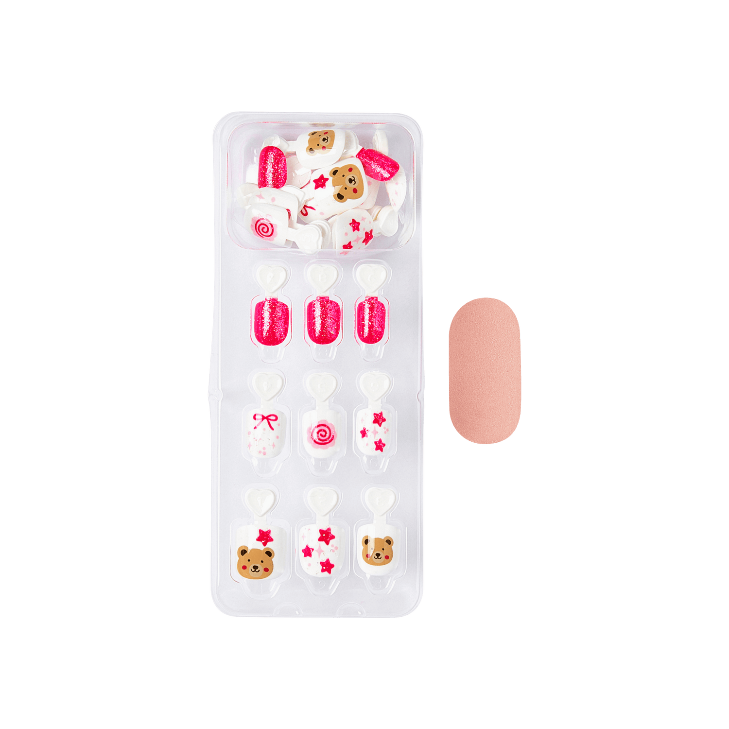 Press-on nail set with pink glitter, cookies, stars, bows, and roses designs with nude sample nail.