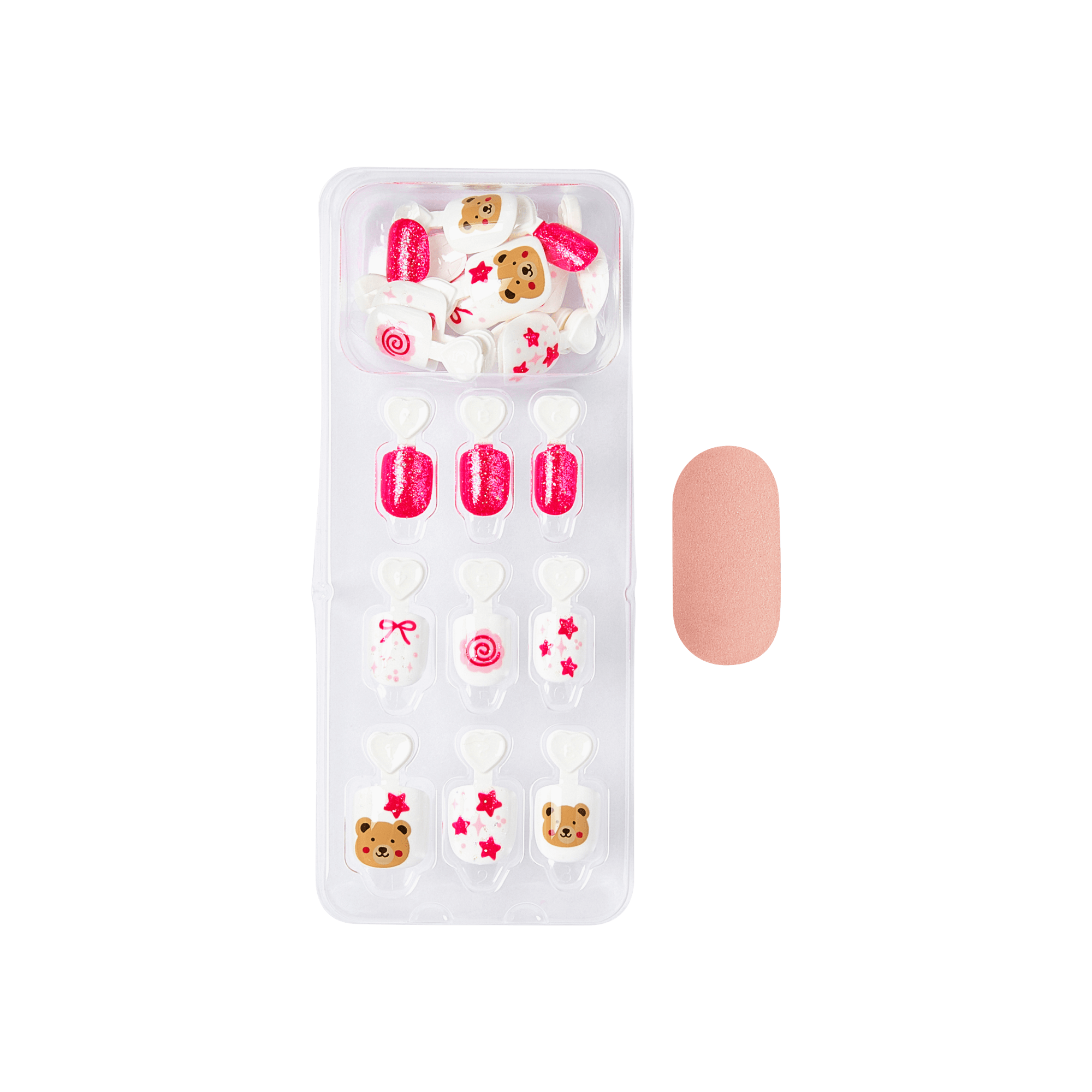 Press-on nail set with pink glitter, cookies, stars, bows, and roses designs with nude sample nail.