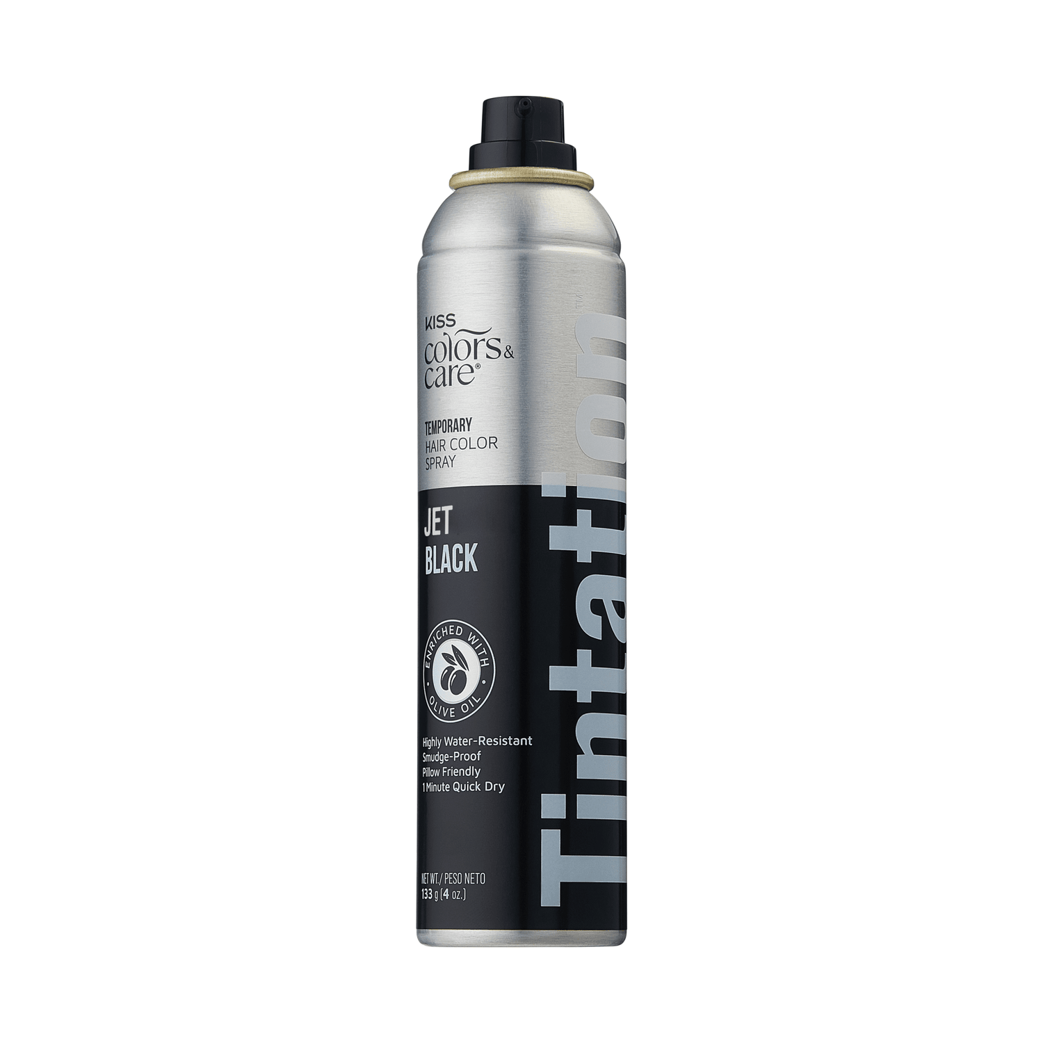 The image features a can of temporary hair color spray labeled "Tintation" in "Jet Black." The can has a sleek, metallic silver finish with a black label. The design includes bold white text that highlights the product name and color. The can is designed for easy application and is marketed as highly water-resistant and eco-friendly. The overall look is modern and professional, appealing to those seeking a quick and effective hair color solution.