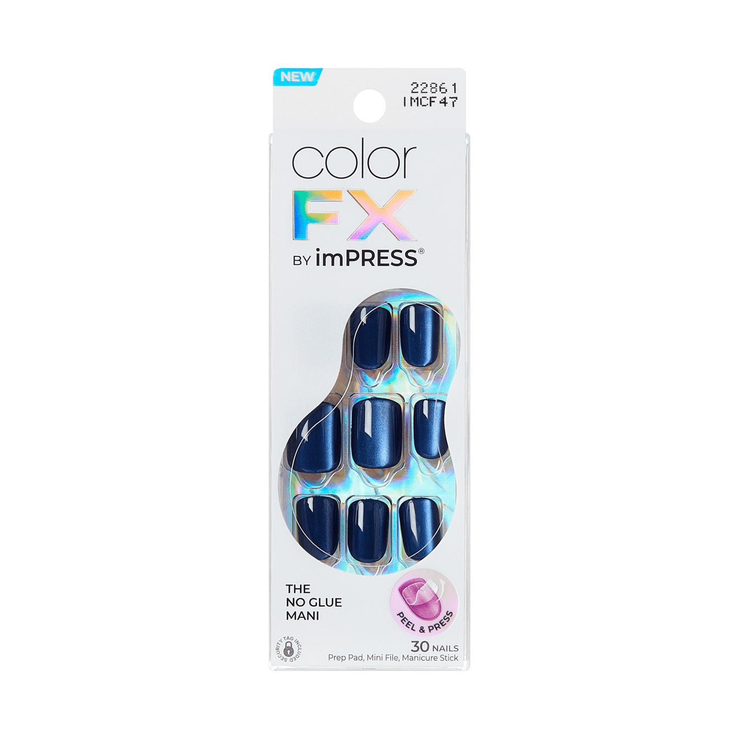 Color FX by imPRESS press-on nails in dark blue with holographic accents, 30 nails