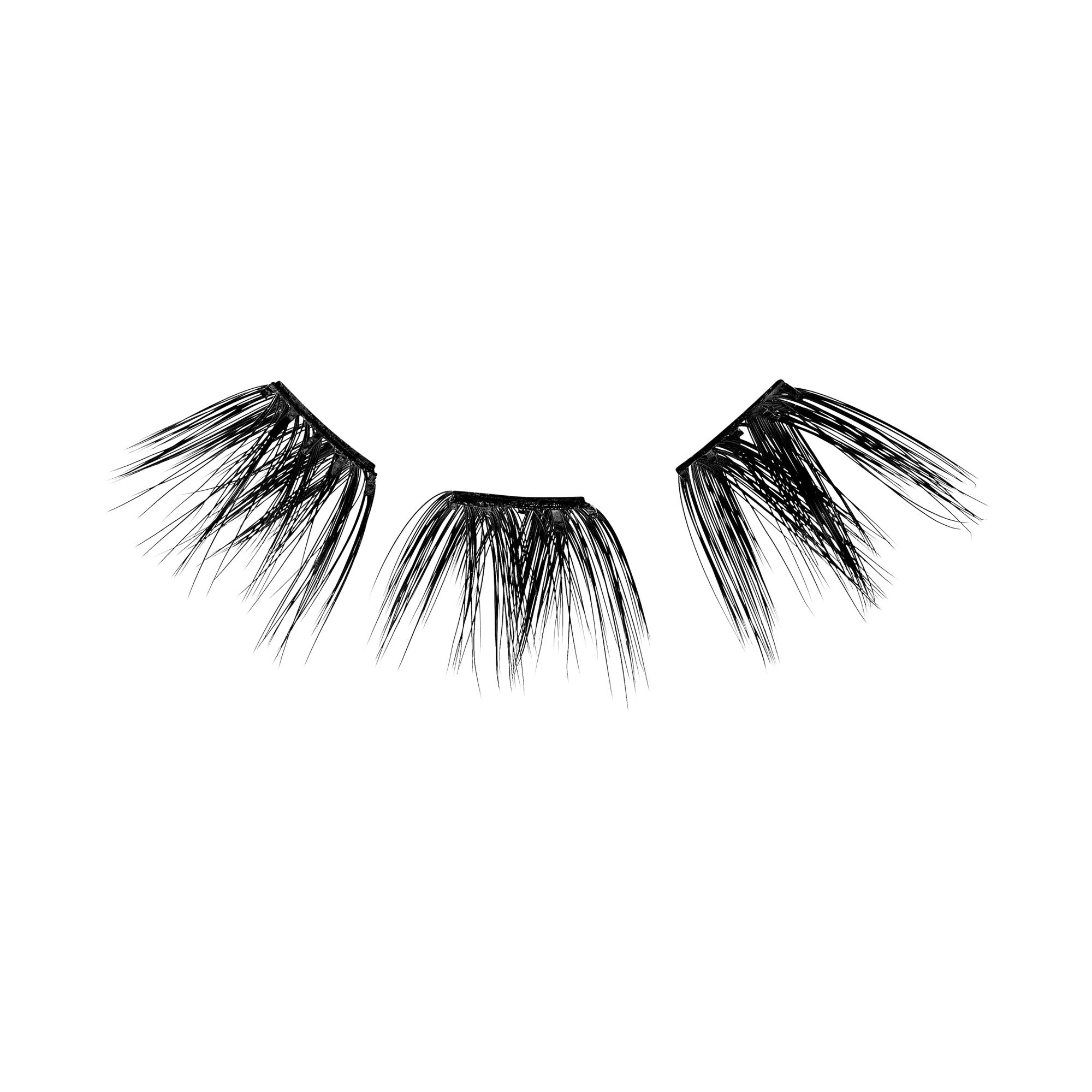 The image shows three individual false eyelash segments arranged in a row. Each segment consists of multiple black synthetic fibers designed to mimic natural eyelashes. The fibers are of varying lengths, creating a wispy and voluminous appearance. The segments are intended to be applied to the eyelid to enhance the fullness and length of natural eyelashes. The background is plain white, highlighting the details of the eyelash segments.