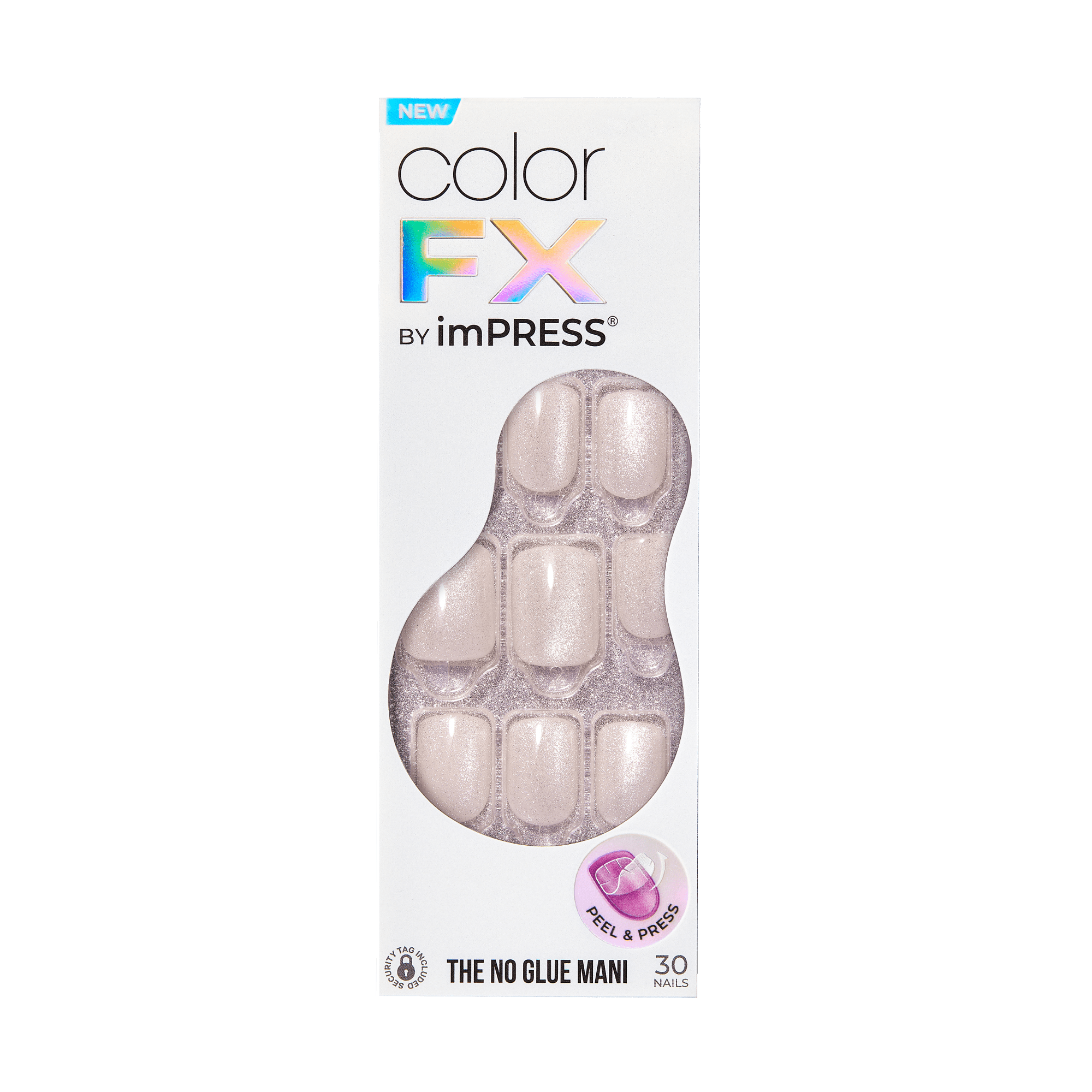 The image shows a product package for "Color FX by imPRESS." The package contains 30 artificial nails and is labeled as "The No Glue Mani." The packaging highlights that the nails are designed to be applied by peeling and pressing, without the need for glue. The nails inside the package appear to have a shimmery, light-colored finish. The top of the package has a label indicating that the product is new.