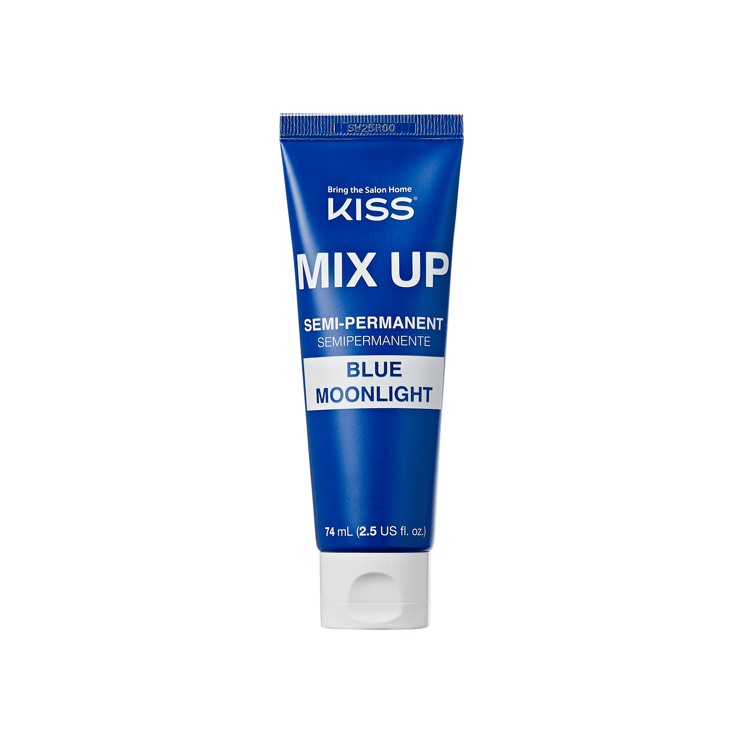 The image shows a tube of hair dye from the brand "KISS." The product is named "MIX UP" and is a semi-permanent hair color. The specific shade is "Blue Moonlight." The tube is predominantly blue with white text. It contains 74 ml (2.5 US fl. oz) of product. The cap of the tube is white. The text on the tube also includes the phrase "Bring the Salon Home.