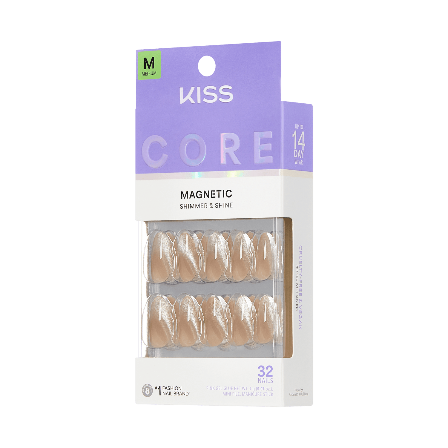 KISS Core Magnetic Shimmer &amp; Shine Medium Nude Nails, 32 Count Pack