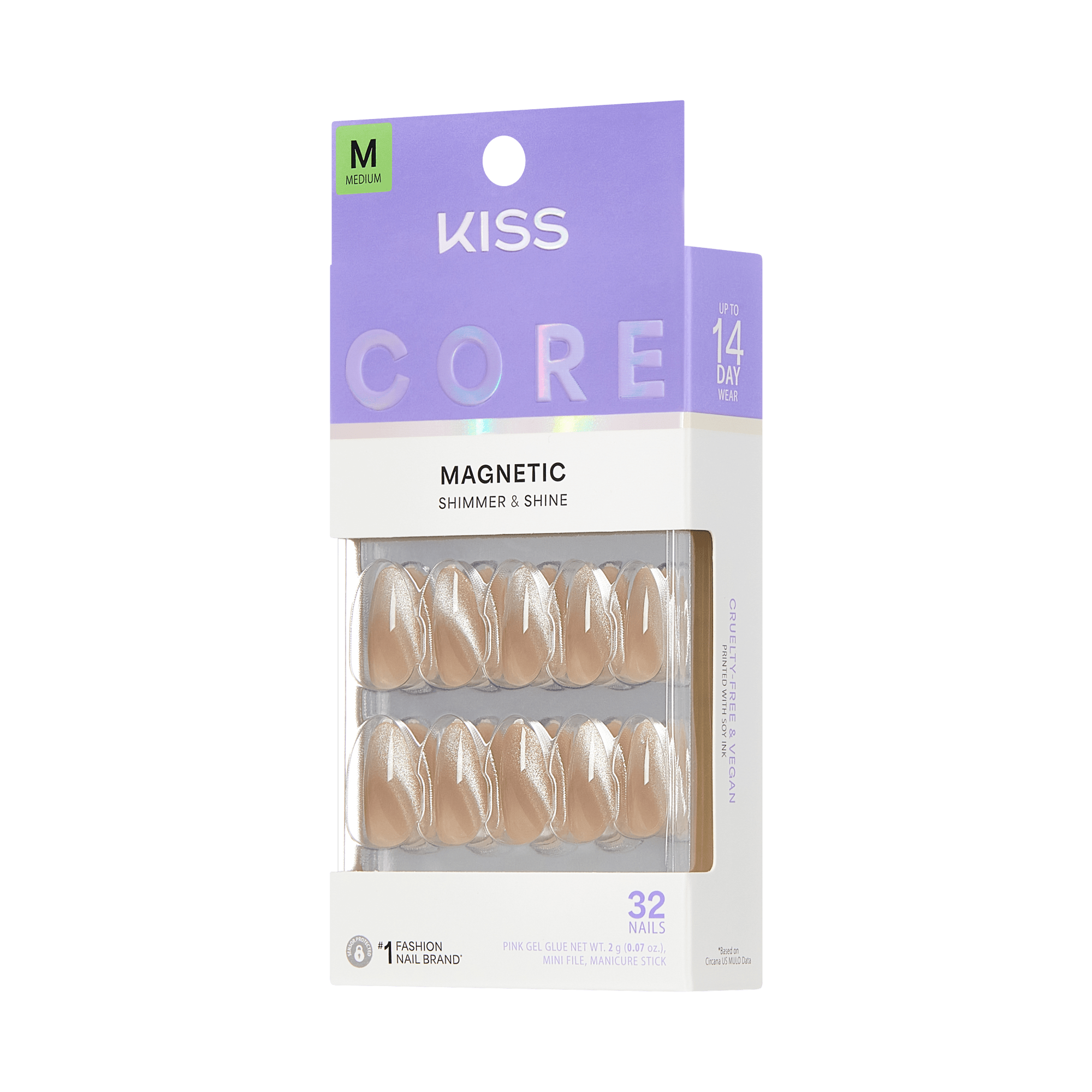 KISS Core Magnetic Shimmer &amp; Shine Medium Nude Nails, 32 Count Pack