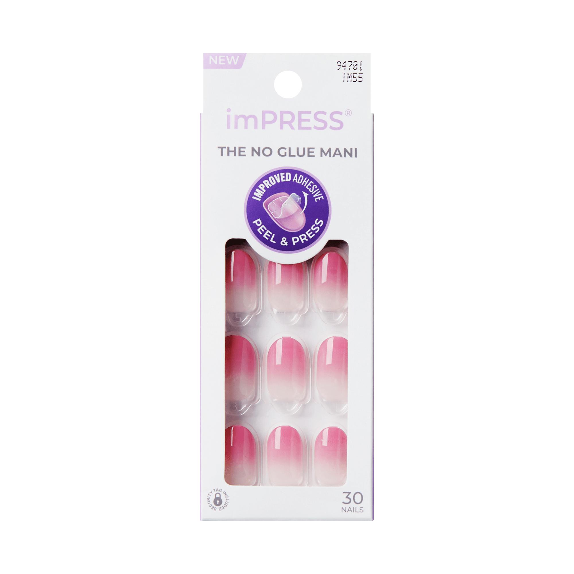 The image features a packaging for imPRESS nails, specifically designed for a no-glue manicure. The box is predominantly white with a pink gradient design on the nails inside. It highlights that the product includes 30 nails and emphasizes the "peel &amp; press" application method. A circular badge on the packaging indicates "NEW" and mentions "improved adhesive." The overall design is sleek and modern, appealing to those looking for easy and stylish nail options.