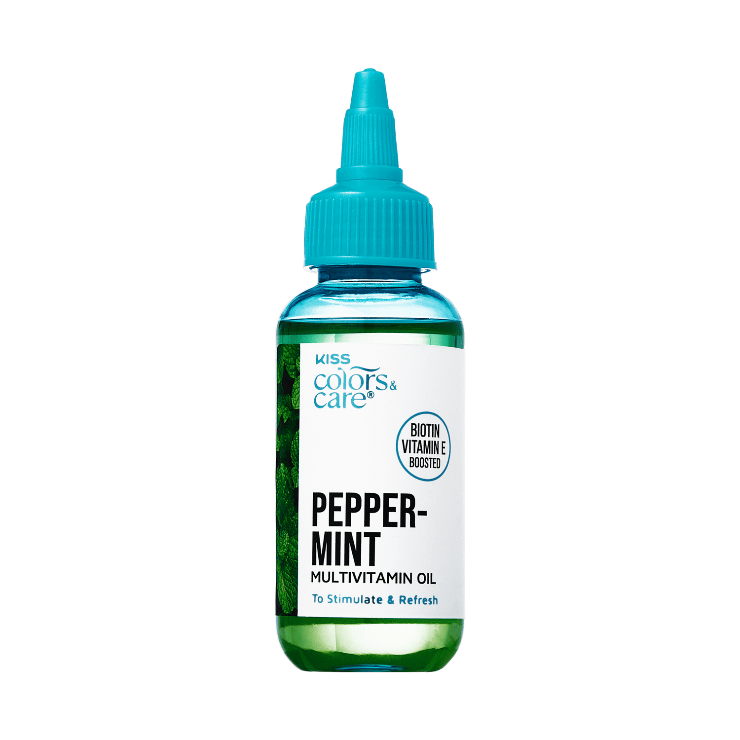 Clear green bottle with teal dropper cap labeled "KISS Colors &amp; Care Peppermint Multivitamin Oil," highlighting biotin and vitamin E, and stating "To Stimulate &amp; Refresh."