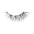 The image shows a single false eyelash. The eyelash is curved to fit the natural shape of the eye and features long, wispy strands that vary in length, creating a voluminous and fluttery appearance. The base of the eyelash is a thin, flexible strip designed to adhere to the eyelid. The strands are densely packed towards the base and become sparser towards the tips, giving a natural yet dramatic look. The overall color of the eyelash is black.