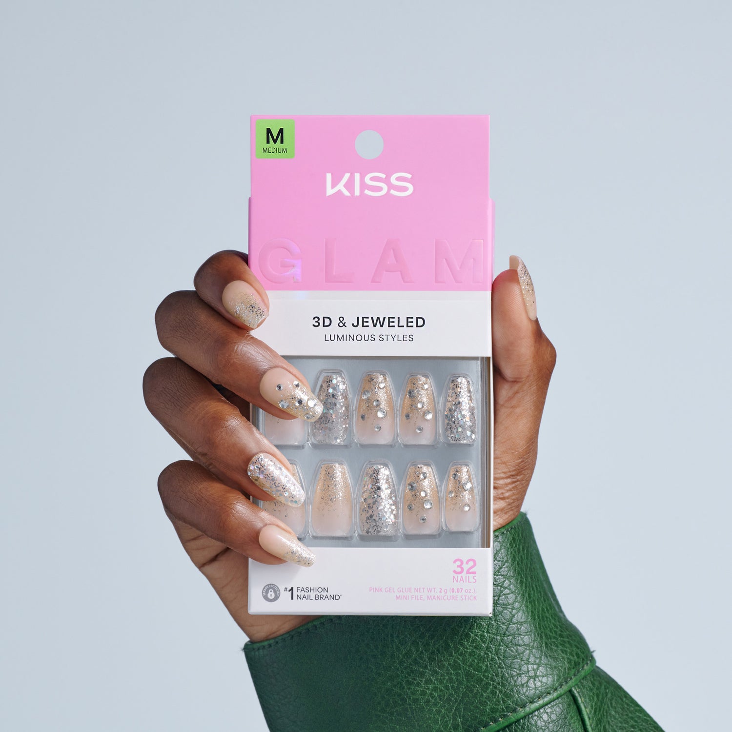 Kiss Glam 3D &amp; Jeweled Press On Fake Glue Nails - Yours | 3D &amp; Jewel Design, Pink, Medium, Coffin