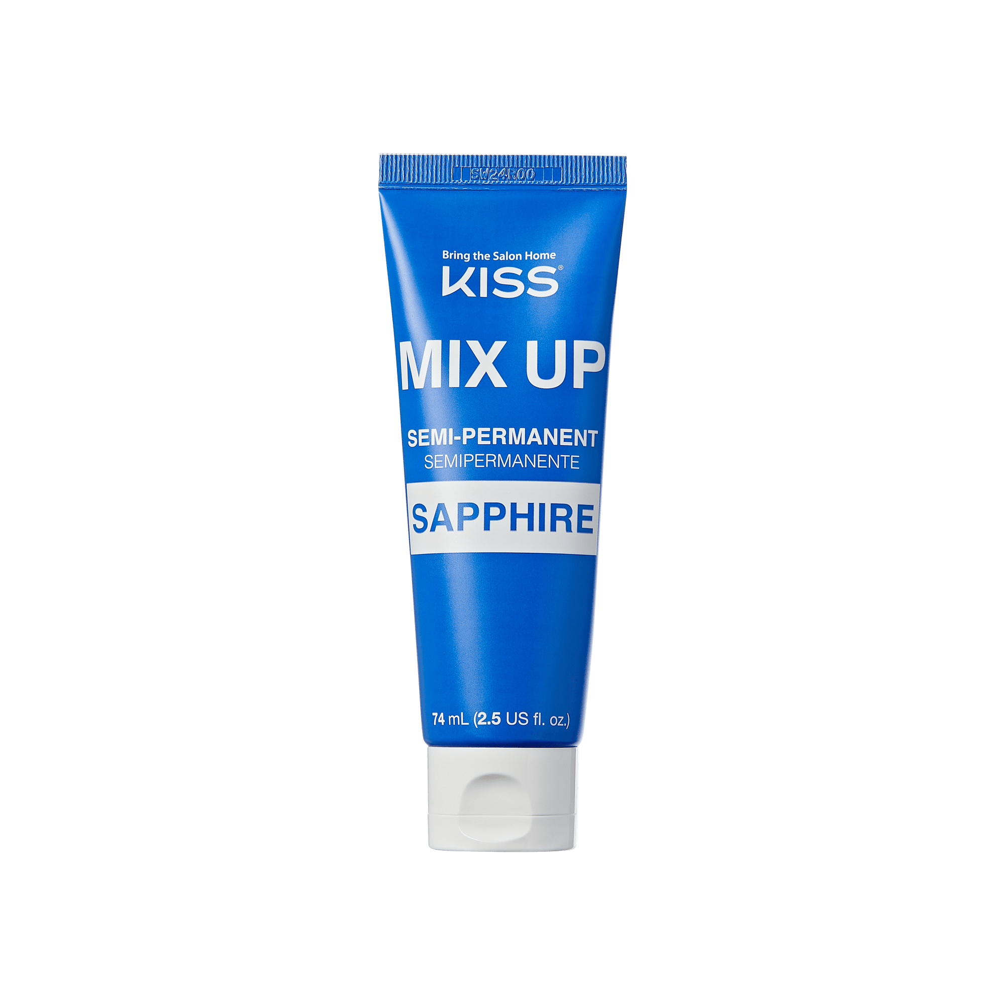 The image shows a tube of hair dye from the brand "KISS." The product is named "MIX UP" and is a semi-permanent hair color. The color indicated on the tube is "Sapphire." The tube is predominantly blue with white text. It has a capacity of 74 ml (2.5 US fl. oz.). The phrase "Bring the Salon Home" is also printed on the tube.