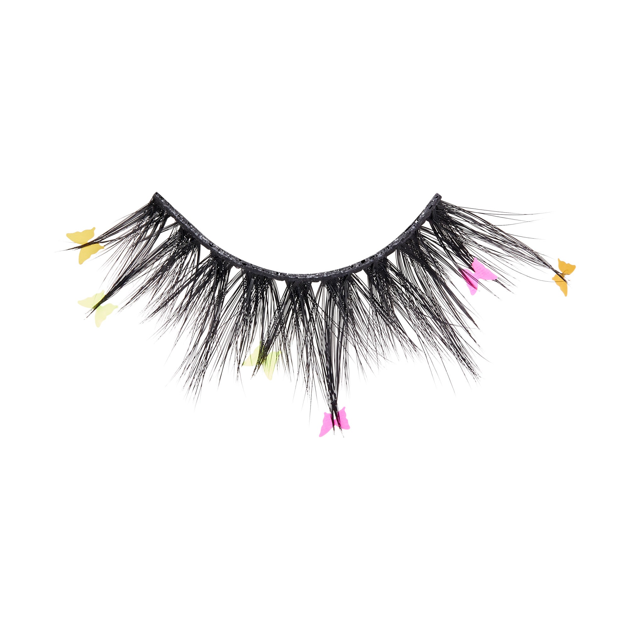 Black false eyelash strip with fine, wispy bristles and small colorful butterfly accents in pink, yellow, and green attached along the band.