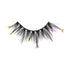 Black false eyelash strip with fine, wispy bristles and small colorful butterfly accents in pink, yellow, and green attached along the band.