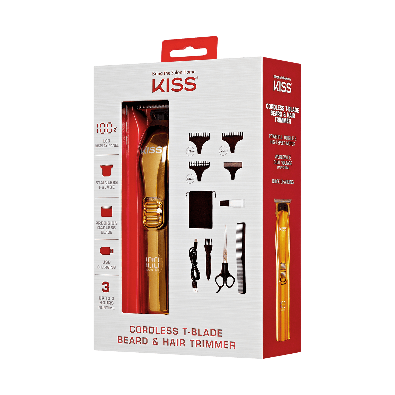 KISS Cordless T-Blade Beard &amp; Hair Trimmer with accessories and LCD display panel.