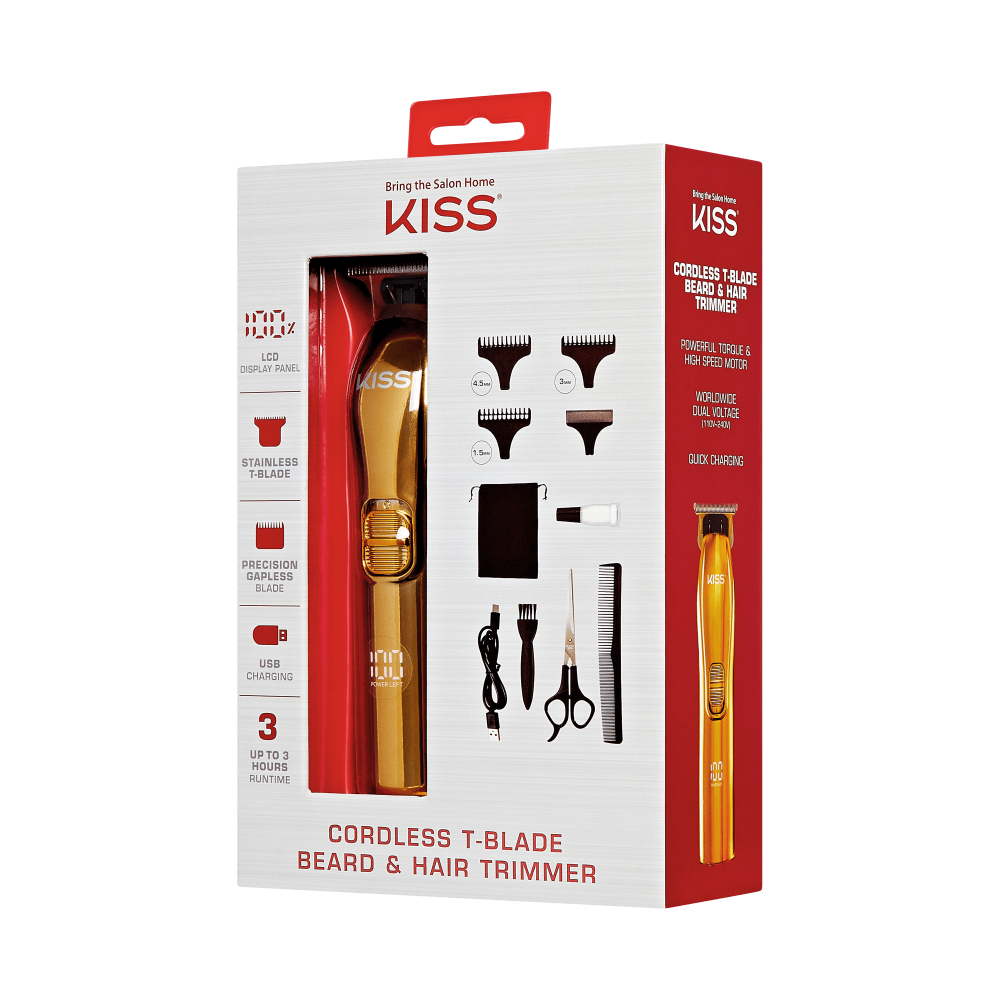 KISS Cordless T-Blade Beard &amp; Hair Trimmer with accessories and LCD display panel.