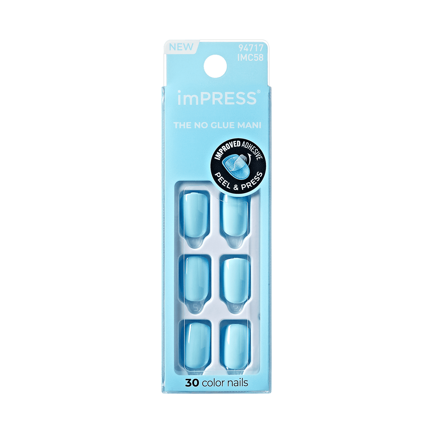 The image features a packaging for imPRESS color nails, specifically designed for a no-glue manicure. The packaging is light blue and showcases six artificial nails in a similar shade. It highlights that the product is new and includes an improved adhesive for easy application. The package indicates that it contains 30 color nails, emphasizing the convenience of a peel-and-press method for nail application.
