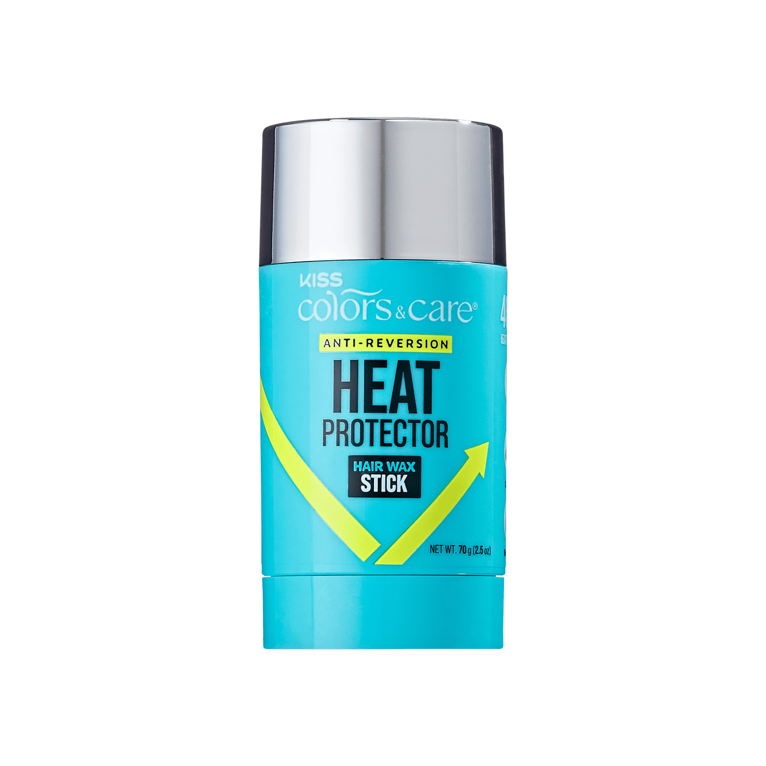 Blue stick container of KISS Colors &amp; Care Anti-Reversion Heat Protector Hair Wax with silver cap and yellow arrows, 70g (2.5 oz).