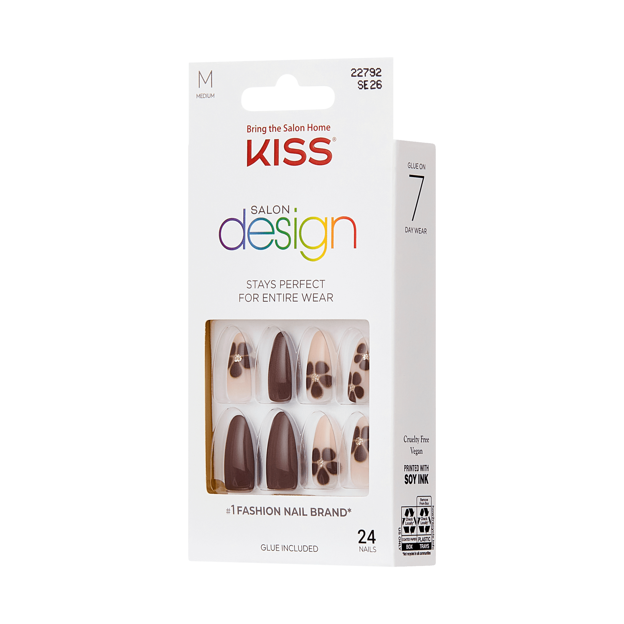 The image features a package of KISS Salon Design press-on nails. The box is predominantly white with colorful branding, showcasing the KISS logo. It highlights that the nails "stay perfect for the entire wear" and includes glue. The design includes a variety of nail styles in shades of brown and nude, with some nails featuring a floral pattern. The package contains 24 nails in total and is labeled as a medium size.