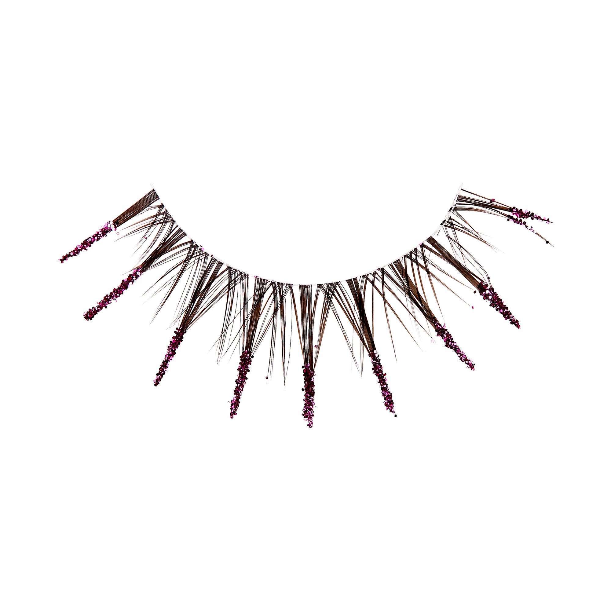 The image shows a unique and artistic necklace. The necklace features a series of elongated, thin, dark-colored spikes that fan outwards. Interspersed among these spikes are clusters of small, purple beads, adding a touch of color and contrast to the design. The overall appearance is striking and avant-garde, making it a statement piece of jewelry.