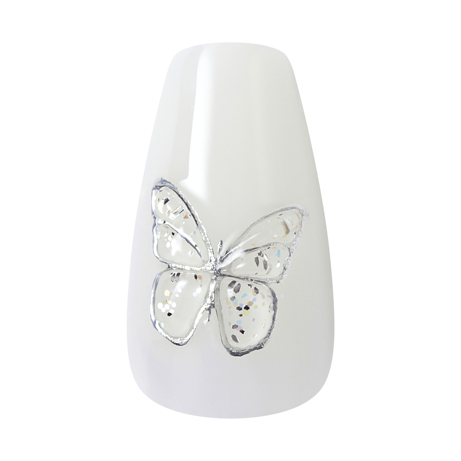 White coffin nail with silver butterfly and rhinestone design.