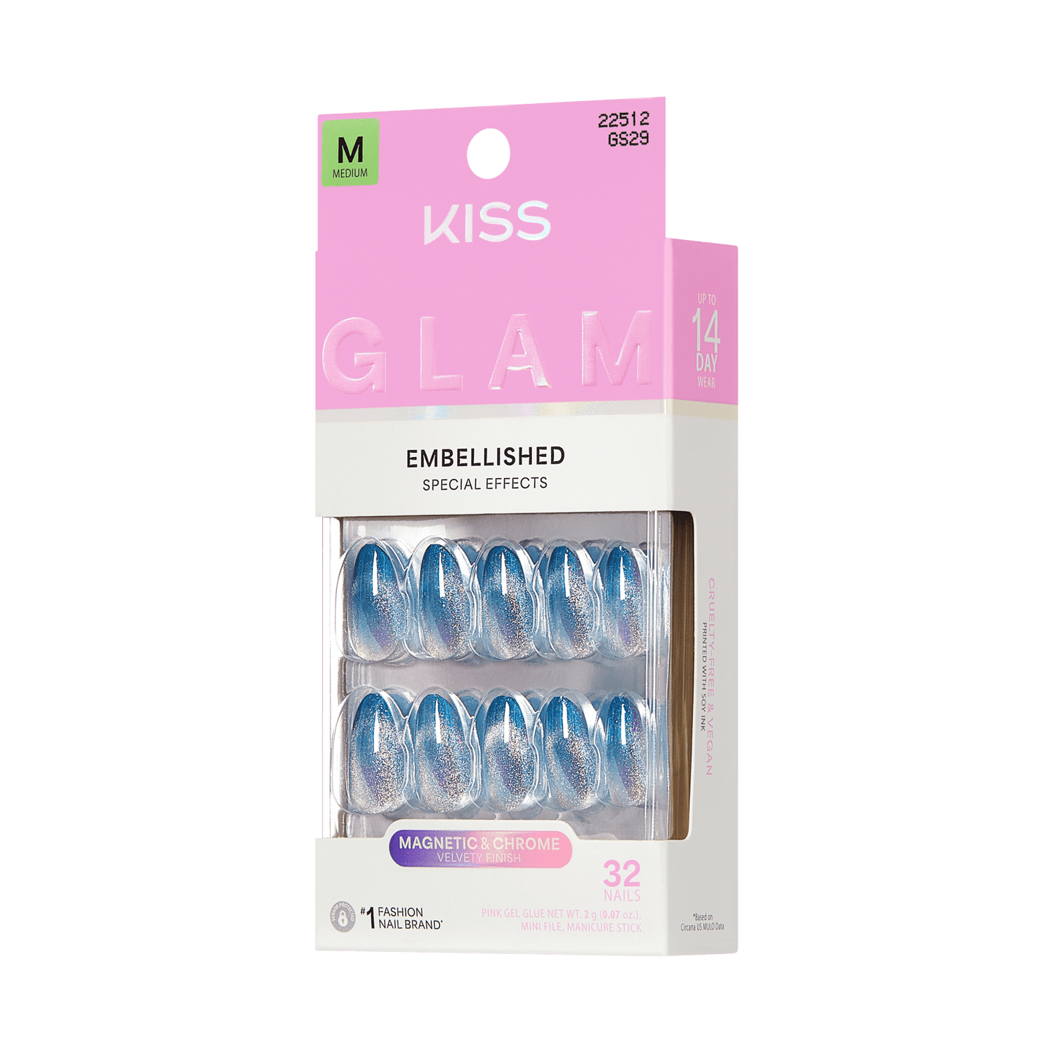 KISS Glam Embellished fake nails, blue magnetic chrome, 32 nails, medium size.