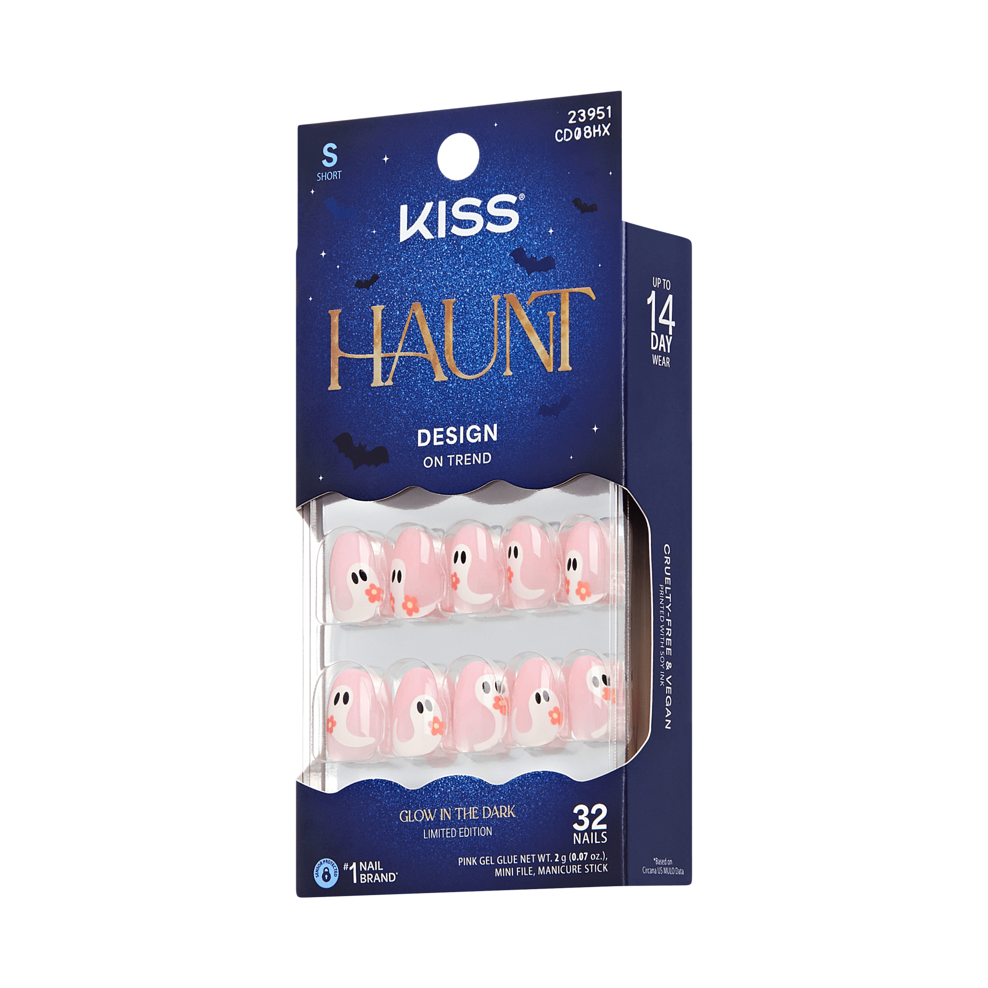 Kiss Haunt Halloween Press On Fake Glue Nails - Cursed But Cute | Design, Pink, Short, Round, Glow In The Dark