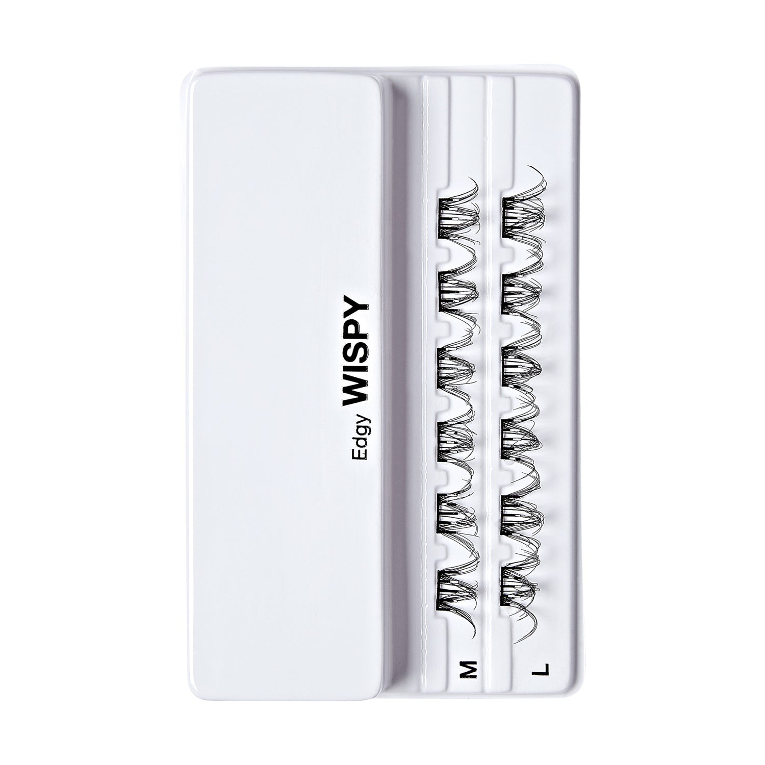 The image shows a white plastic case labeled "Edgy WISPY" on the left side. Inside the case, there are three rows of false eyelashes. Each row is labeled with a different size: "M" for medium, "L" for large, and an unlabeled row which could be small. The eyelashes are arranged neatly in the case, with each row containing a set of wispy, curled lashes. The overall design is clean and minimalistic.