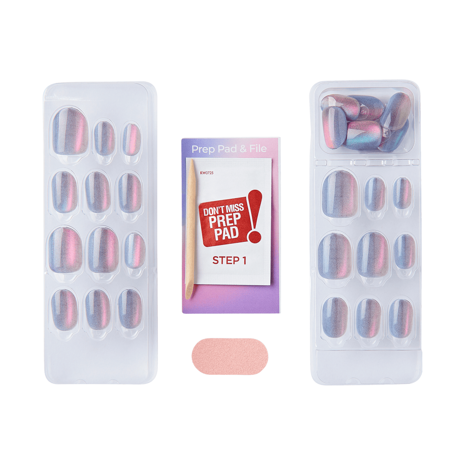 Press-on nail set with prep pad and file, featuring holographic pink and blue nails.