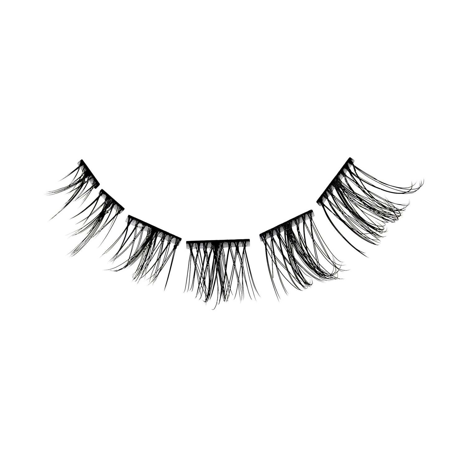 The image features a set of false eyelashes arranged in a curved line. The lashes are black and vary in length, with longer strands on the outer edges and shorter ones towards the center. The overall appearance is delicate and feathery, showcasing a dramatic yet elegant style suitable for enhancing eye makeup. The background is plain white, emphasizing the lashes&