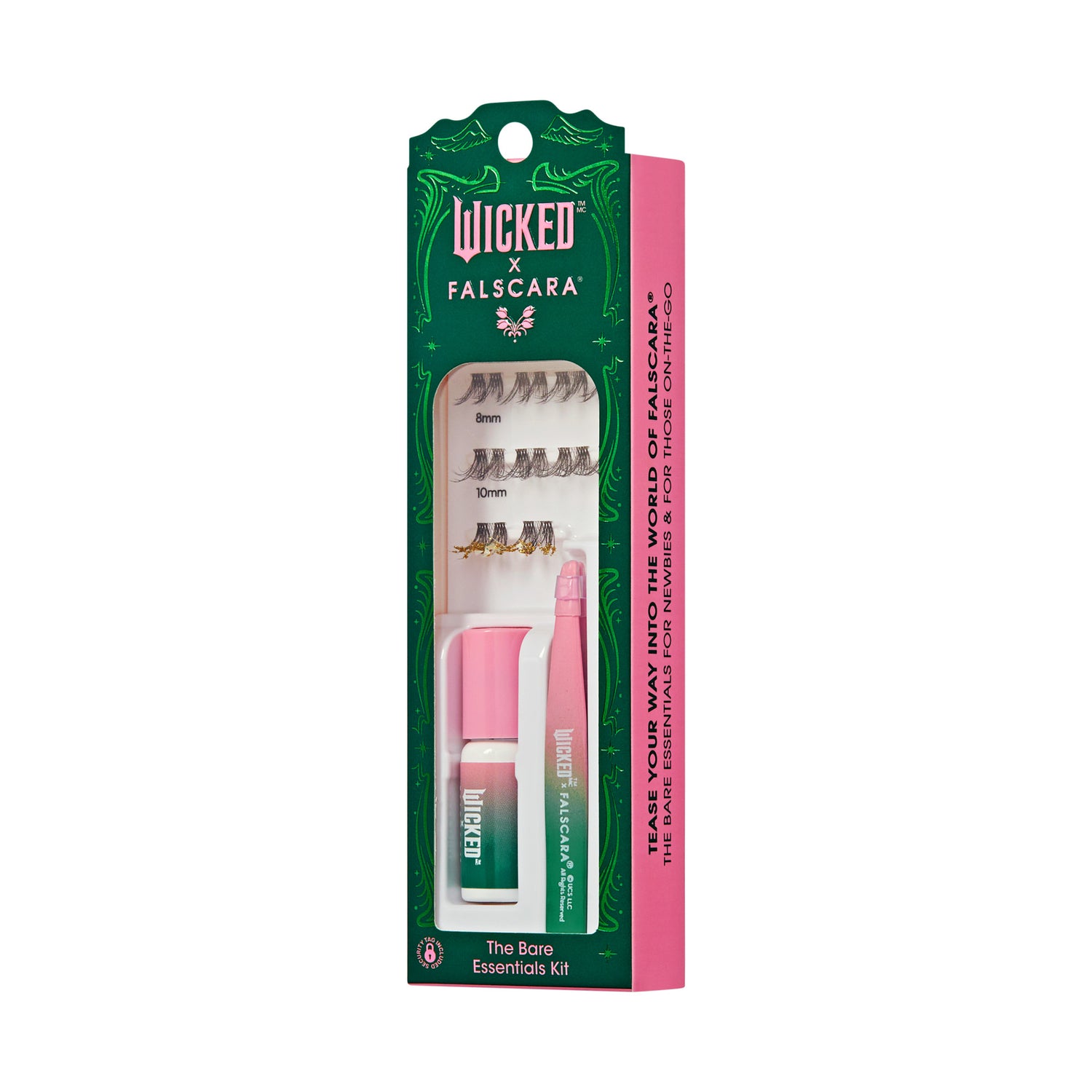 The image features a packaging for a beauty product called the "Wicked x Falscara The Bone Essentials Kit." The kit is designed for eyelash application and includes several components. The packaging is predominantly green with pink accents, showcasing a whimsical design. Inside, there are various lengths of false eyelashes (notably labeled as 8mm), a bonding agent, and a tool for application. The overall aesthetic is vibrant and appealing, targeting those interested in enhancing their eye makeup.