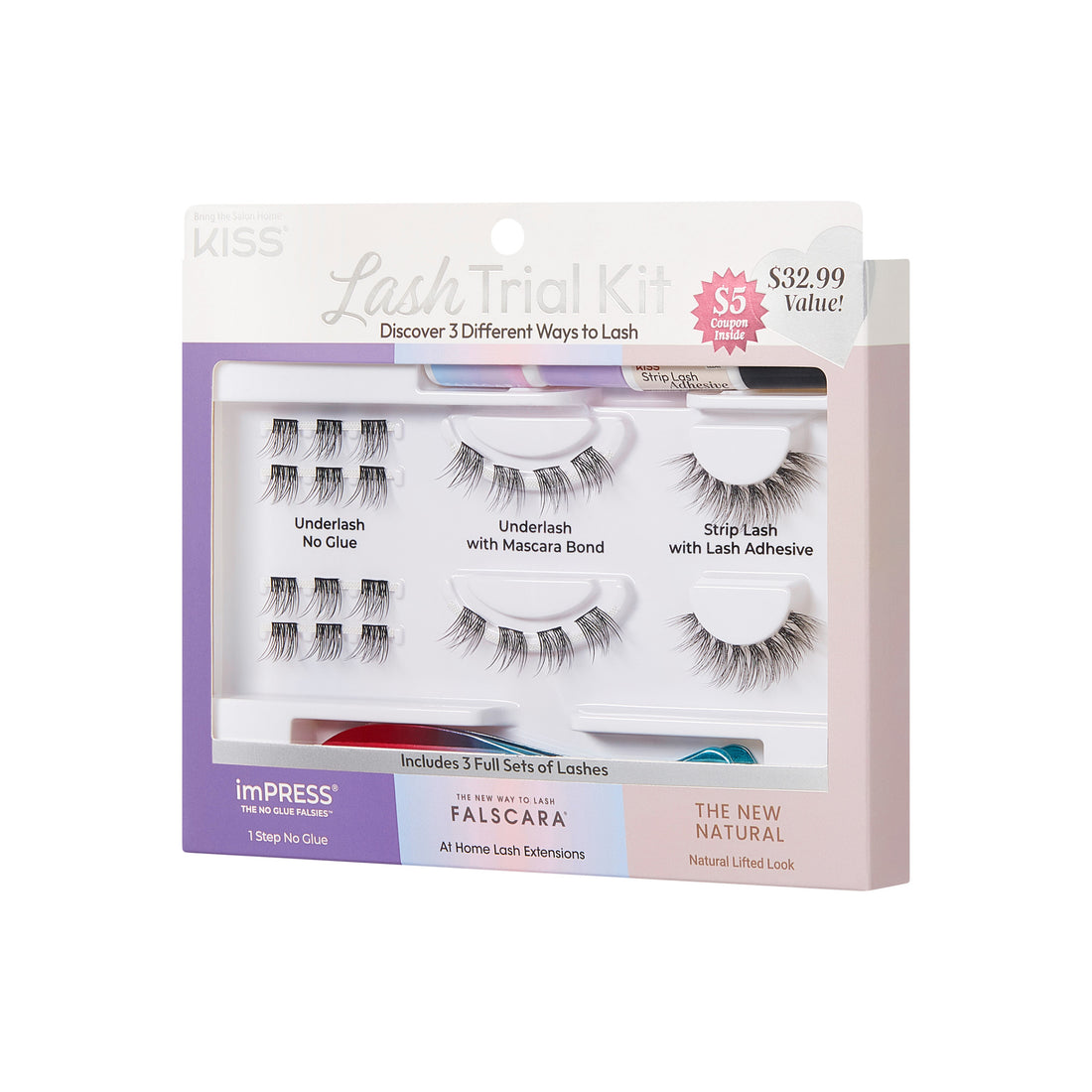 KISS Lash Trial Kit with 3 lash types, $32.99 value, includes adhesive and mascara bond.