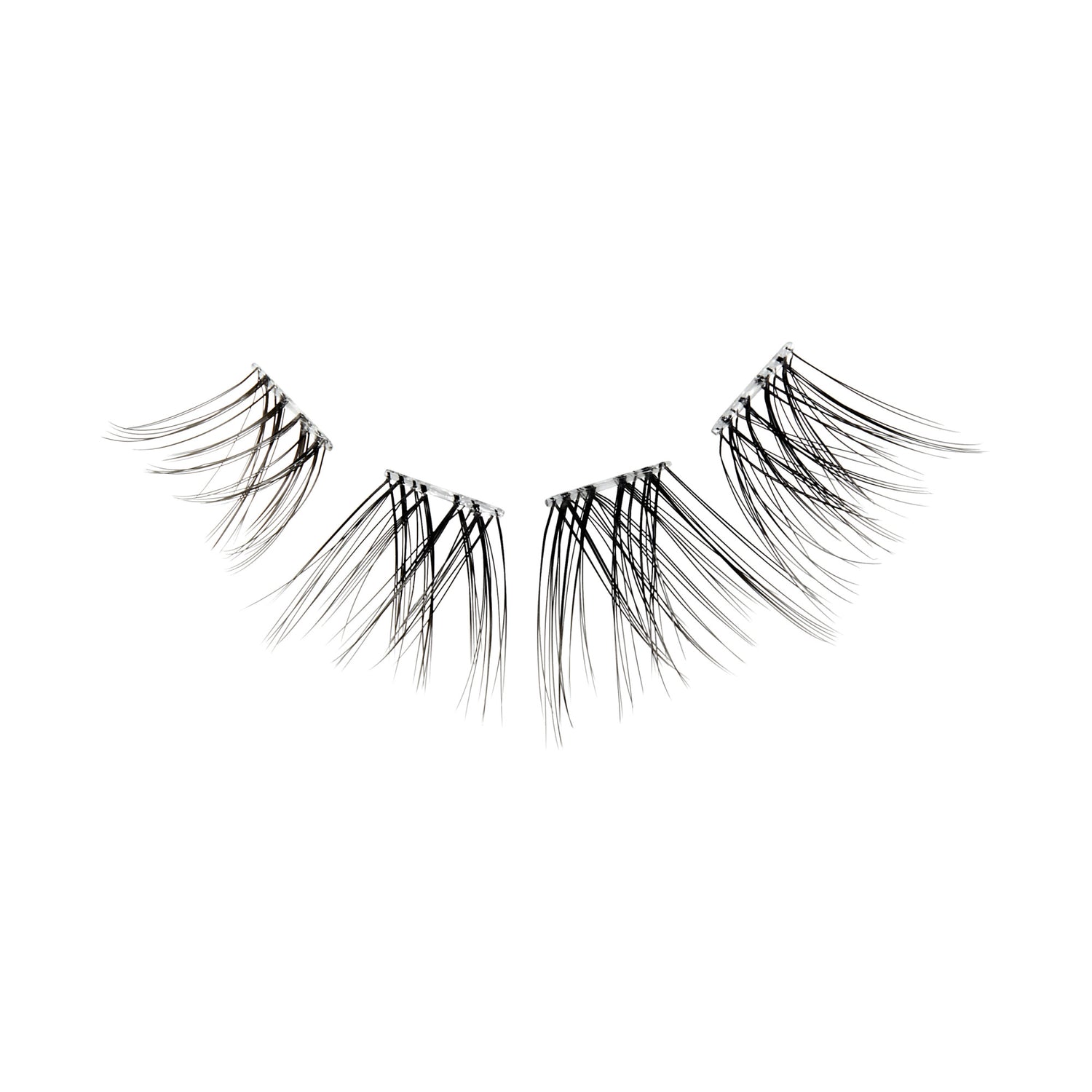 The image features a set of false eyelashes arranged in a curved shape. The lashes are long and wispy, with varying lengths that create a natural look. They are displayed against a plain white background, emphasizing their delicate and intricate design. The lashes appear to be made of synthetic fibers, giving them a soft and feathery appearance.
