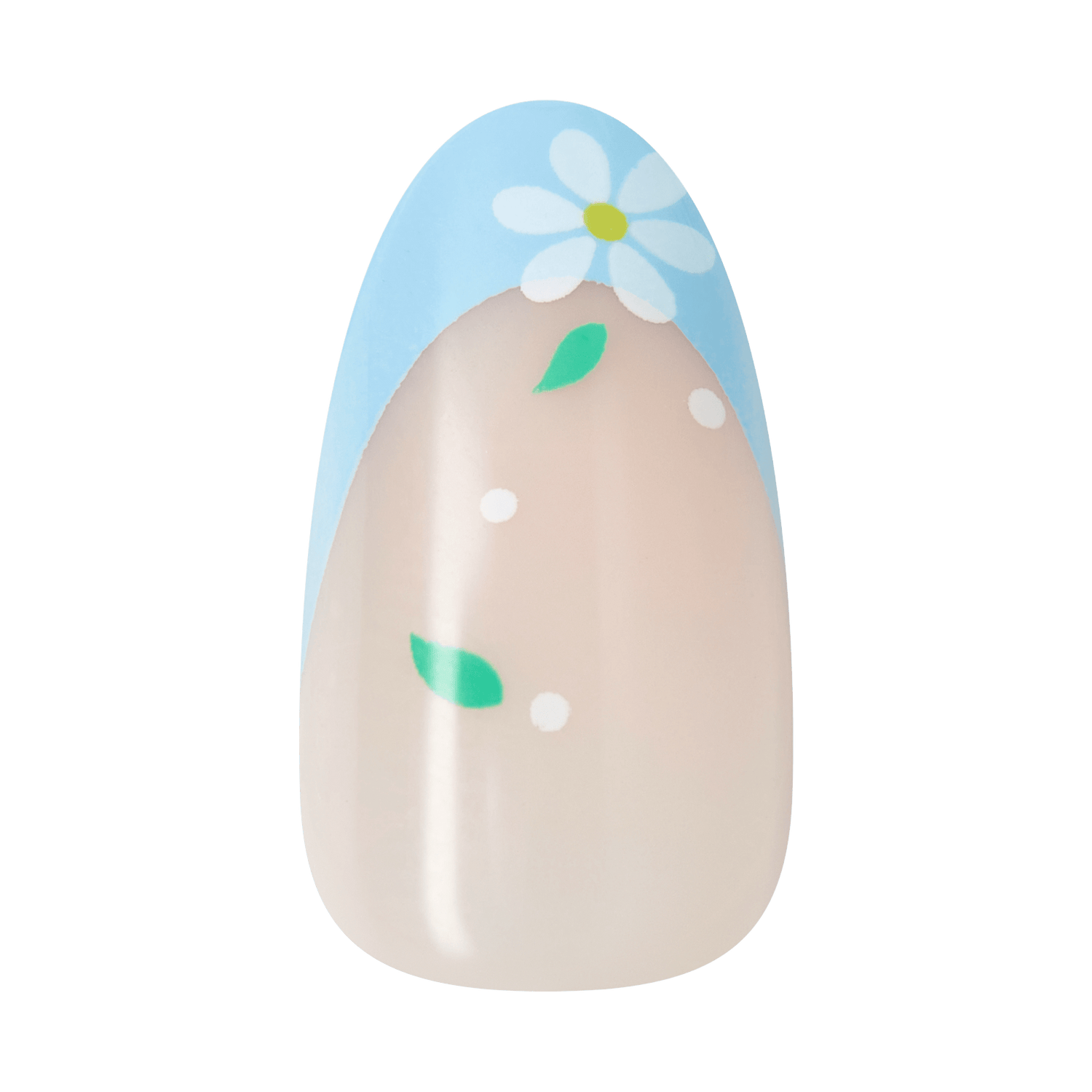 Decorative Easter egg with blue top, white daisy flower, green leaves, and white dots on cream base.